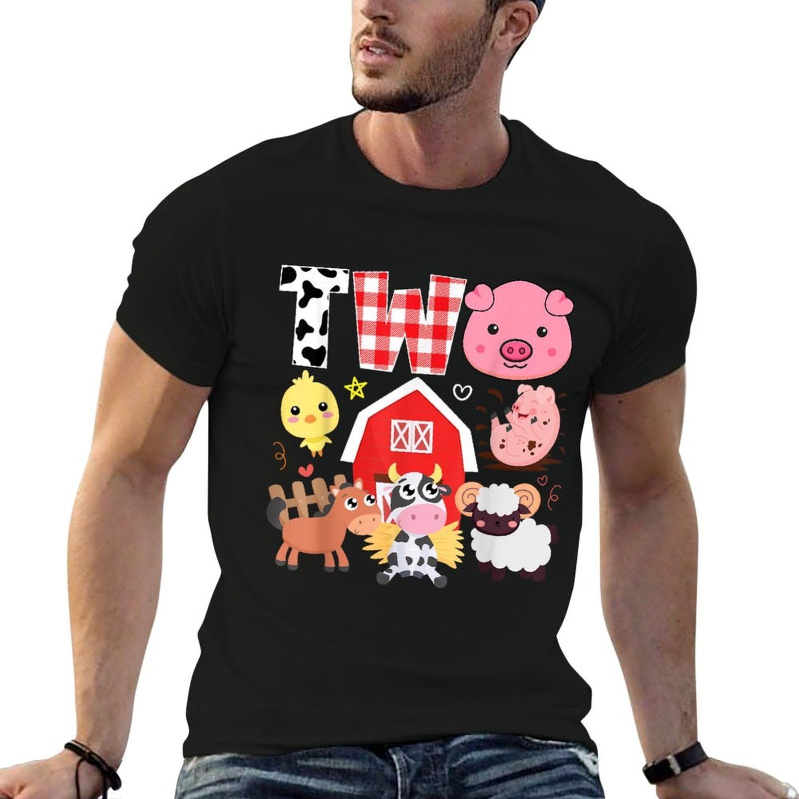 2nd Birthday Two Year Old Farm Theme Animals Birthday Party  Ribbed Collar T-Shirt