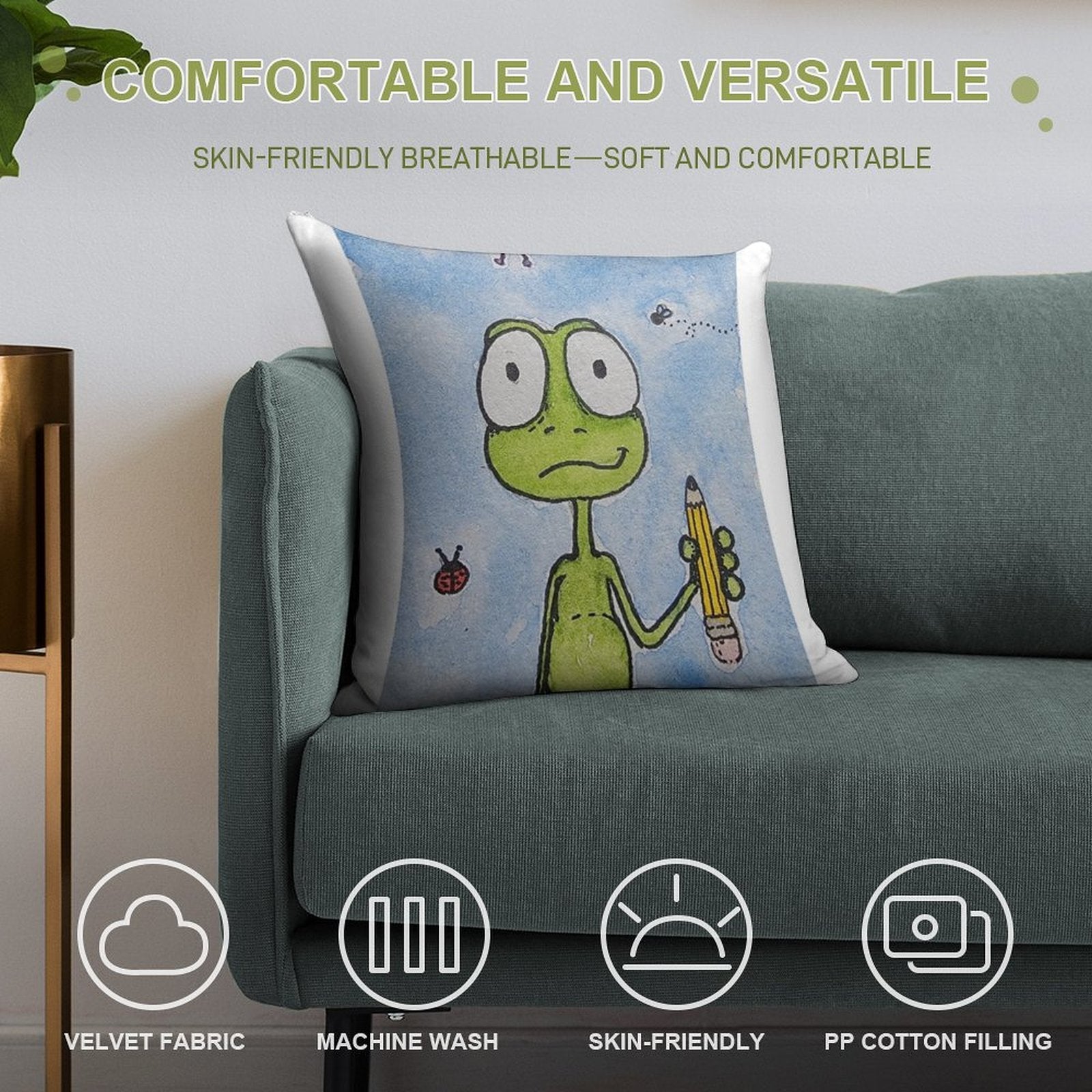 Puddles The Frog Ready for School Soft Reinforced Edging Throw Pillow