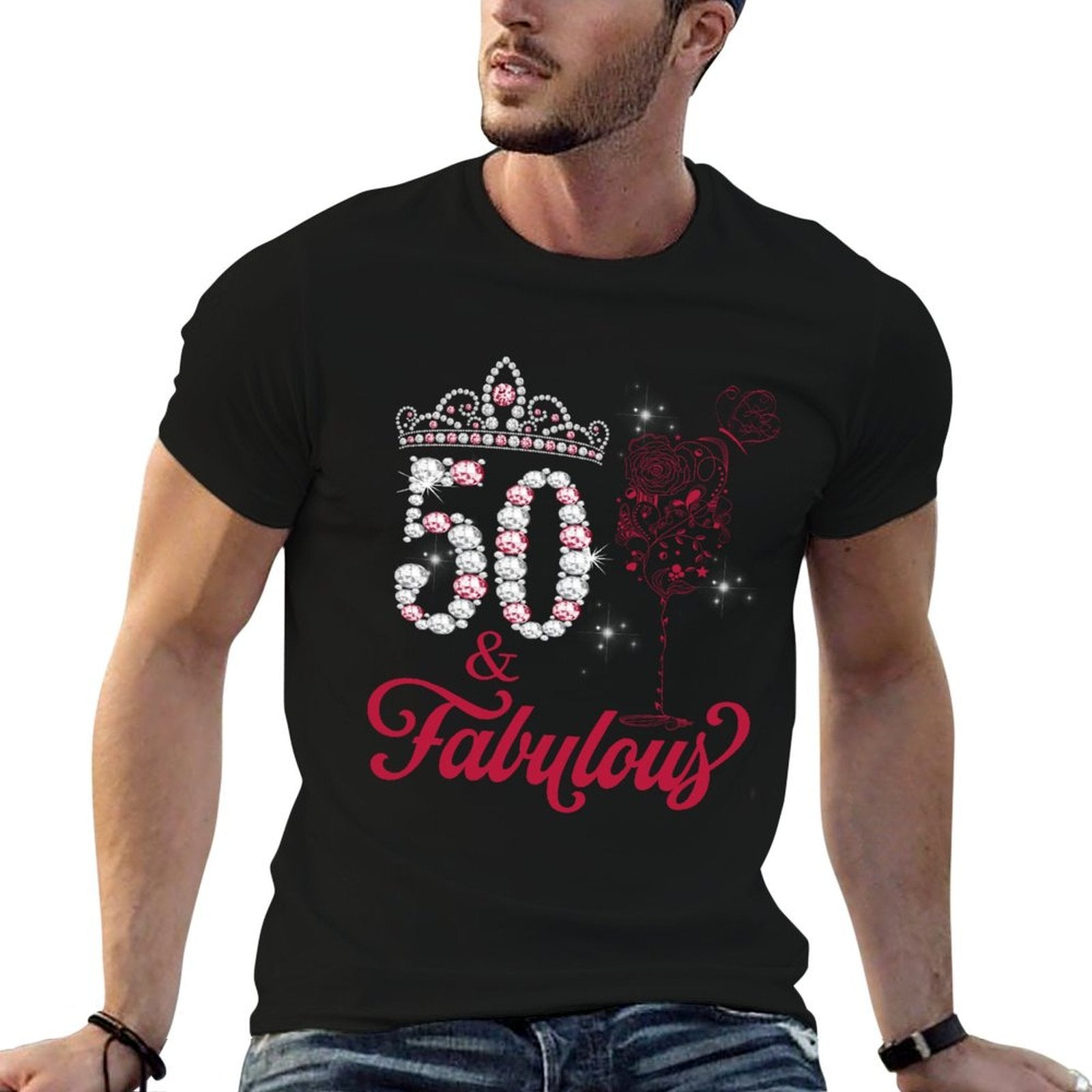50 And Fabulous Queen Happy Birthday 50th Pink Rose Red Wine  Trendy Pattern T-Shirt