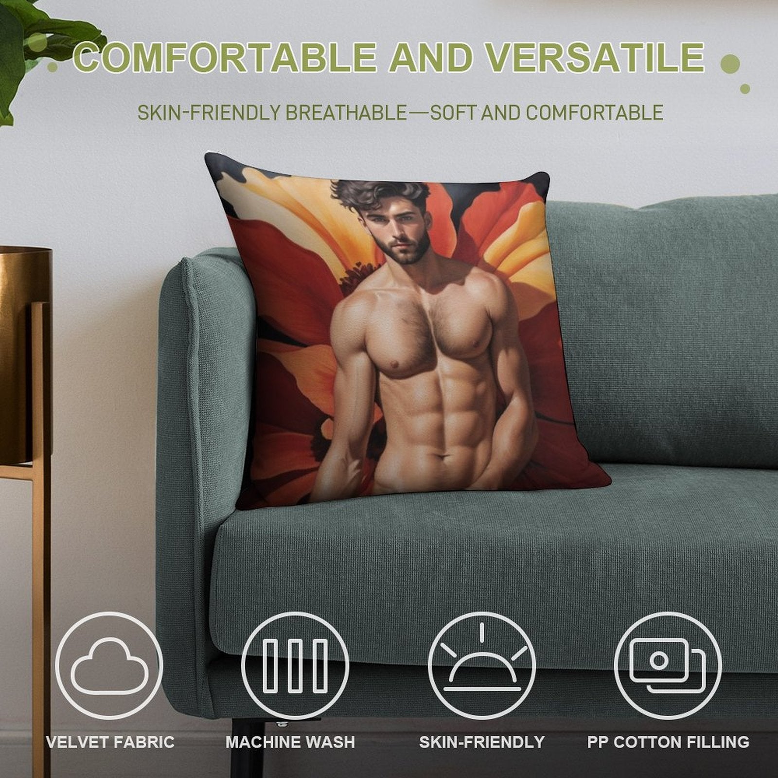 Sexy Guy Portrait Georgia O'Keeffe Inspired Background 2 Soft Short Plush Fabric Throw Pillow