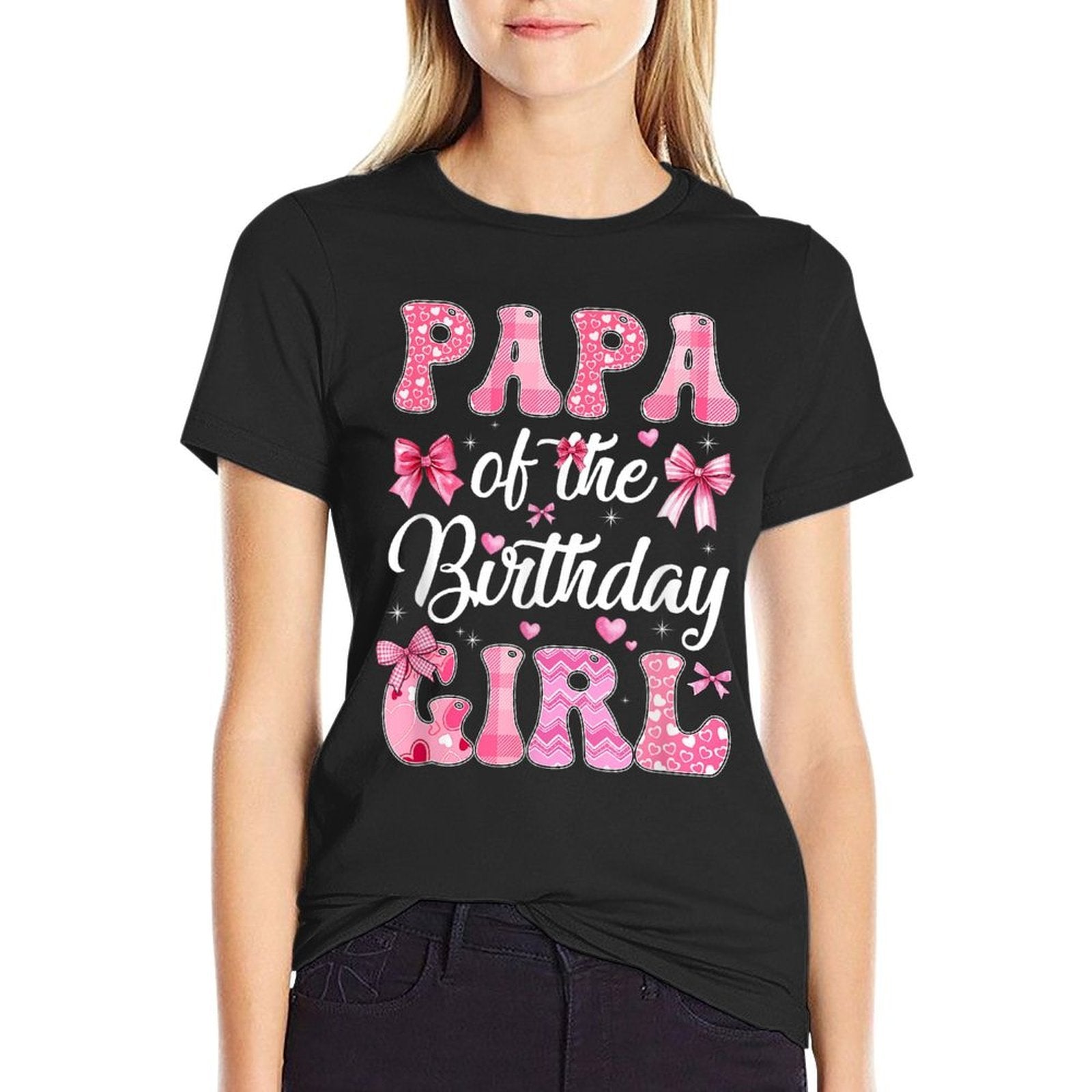 Papa Of The Birthday Girl Family Pink Coquette Bow  Ribbed Collar T-Shirt