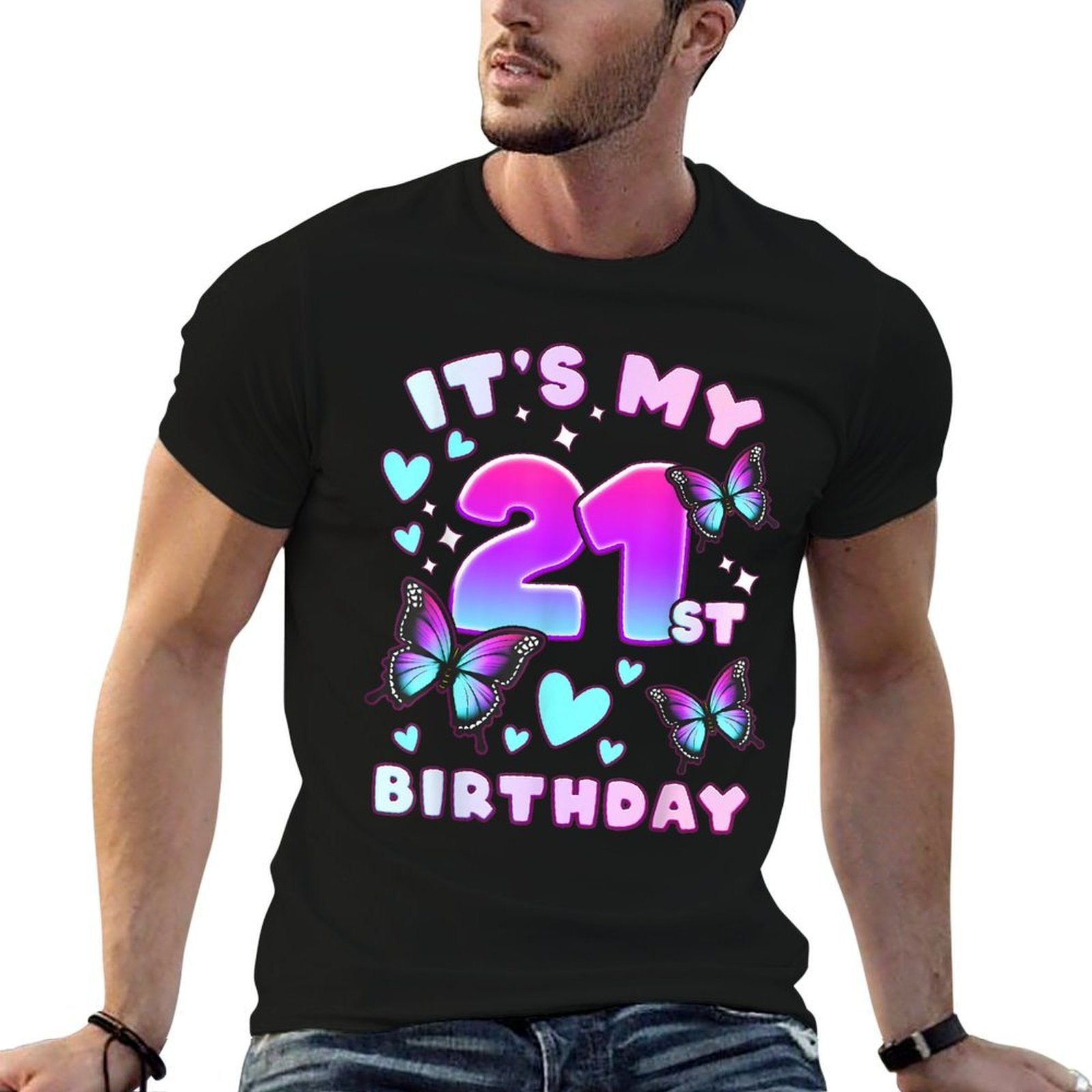 21st Birthday, Girl 21 Years, Butterflies And Number 21  Quick-drying T-Shirt