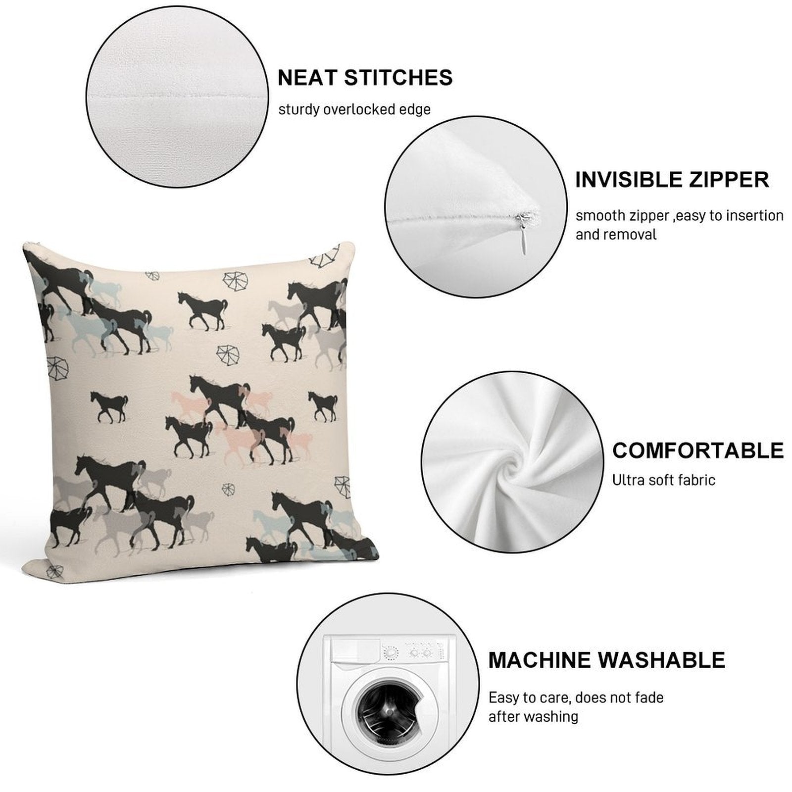 Horses Soft Reinforced Edging Throw Pillow