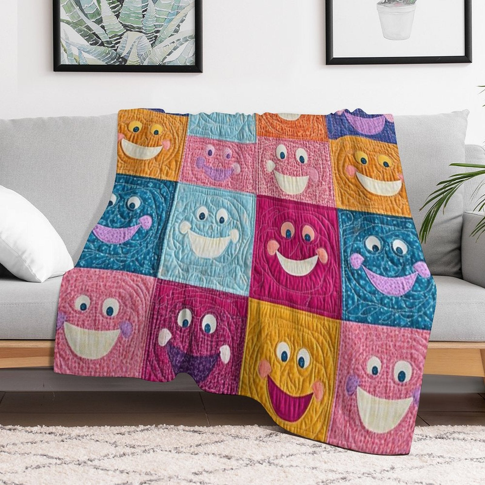Colorful Smiling Faces Patchwork Pattern – Fun & Cheerful Design Versatility Throw Blanket