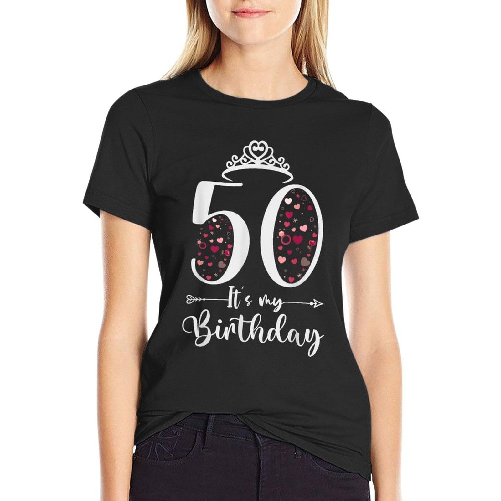 50 It's My Birthday Hearts Crown 50th Birthday Gifts For Her  Polyester Blend T-Shirt