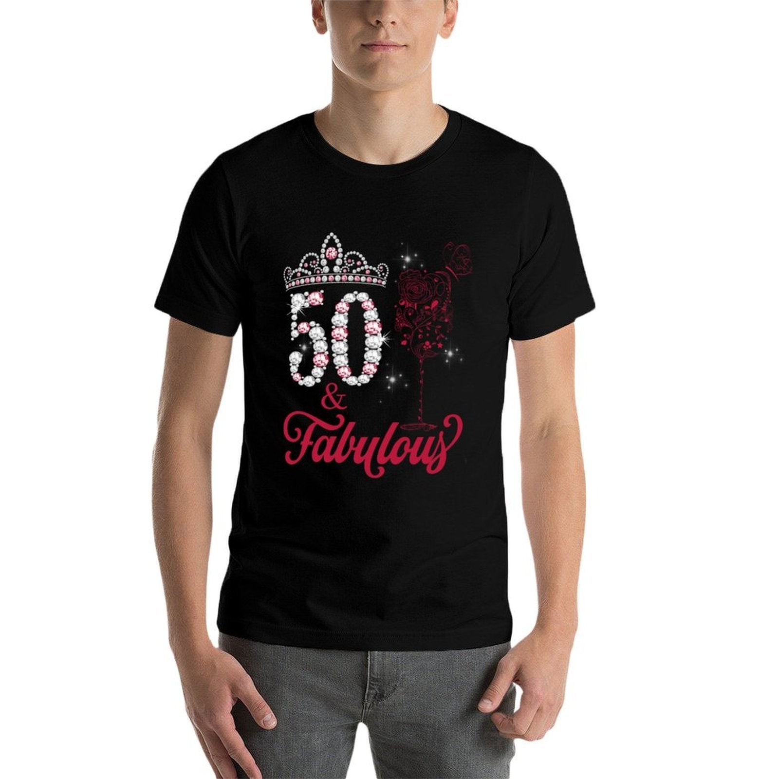 50 And Fabulous Queen Happy Birthday 50th Pink Rose Red Wine  Trendy Pattern T-Shirt
