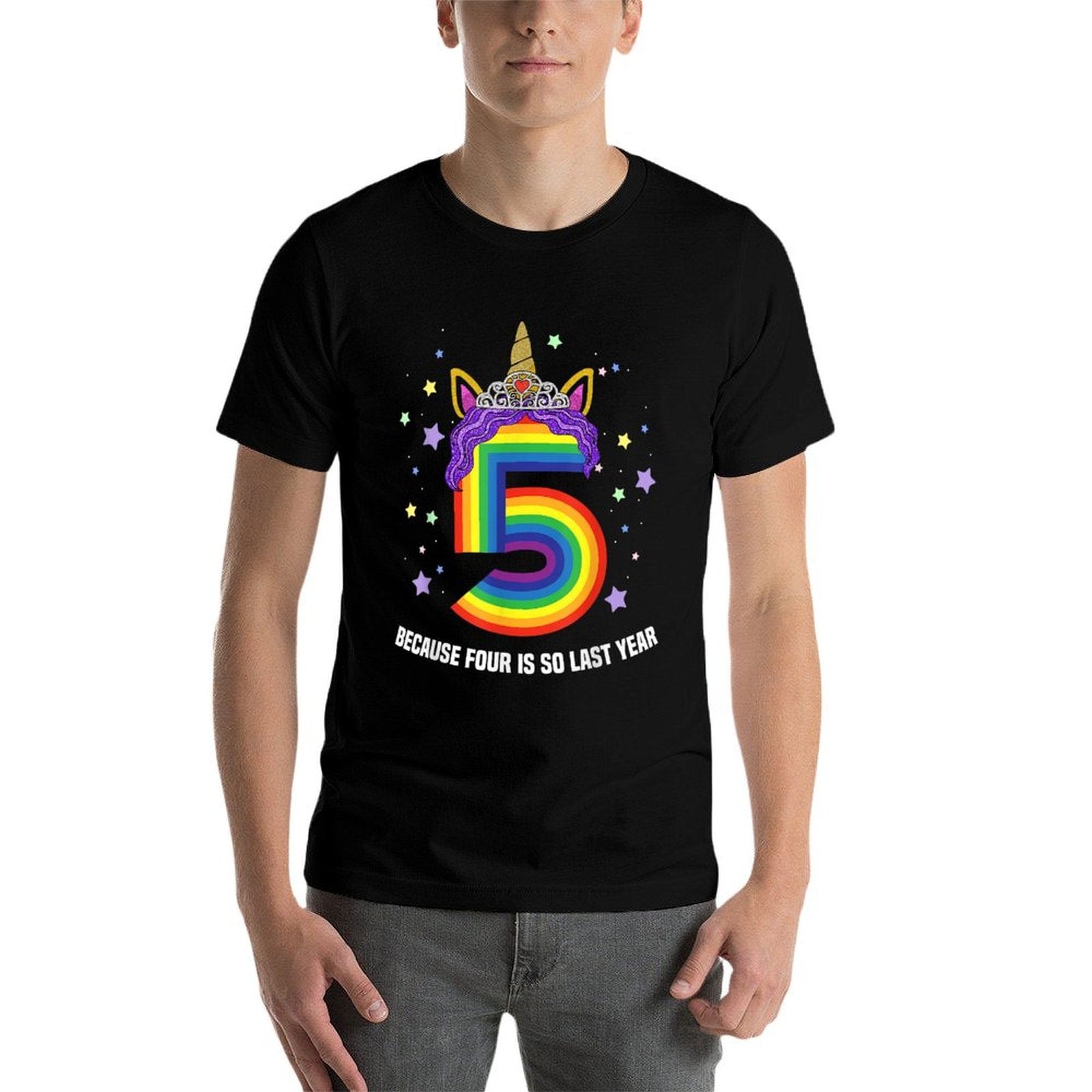 5 Years Old Birthday Girl Unicorn Rainbow 5th Birthday Gift  Ribbed Collar T-Shirt