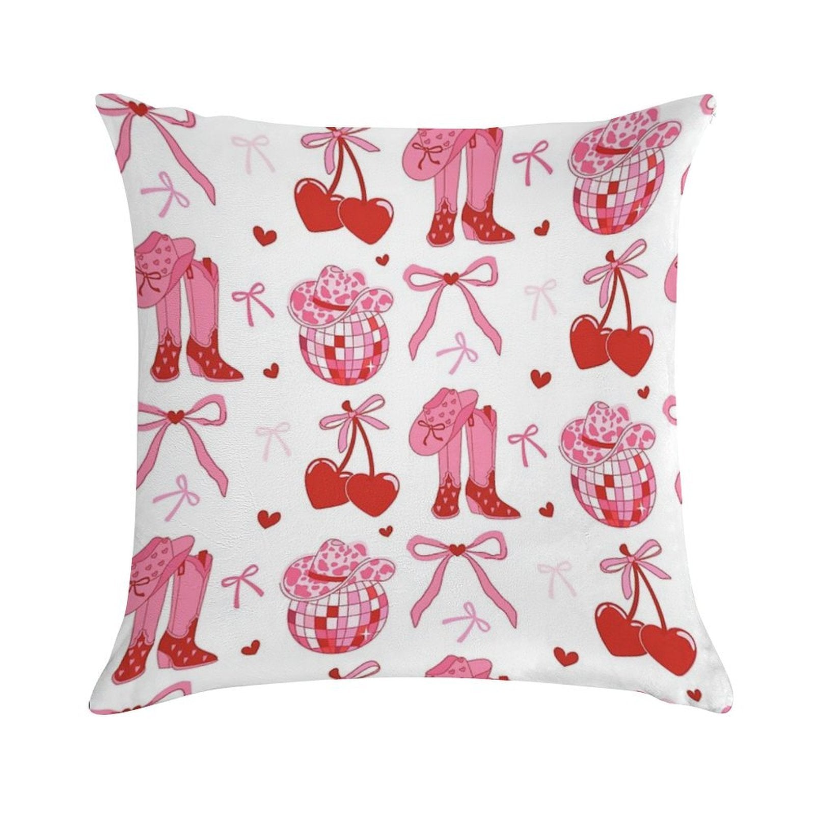 Disco Cowgirl Pack. Pink Cowboy Boot, Disco Ball, Cherry, Bows And Cowgirl Hat. Soft High-Density Material Throw Pillow