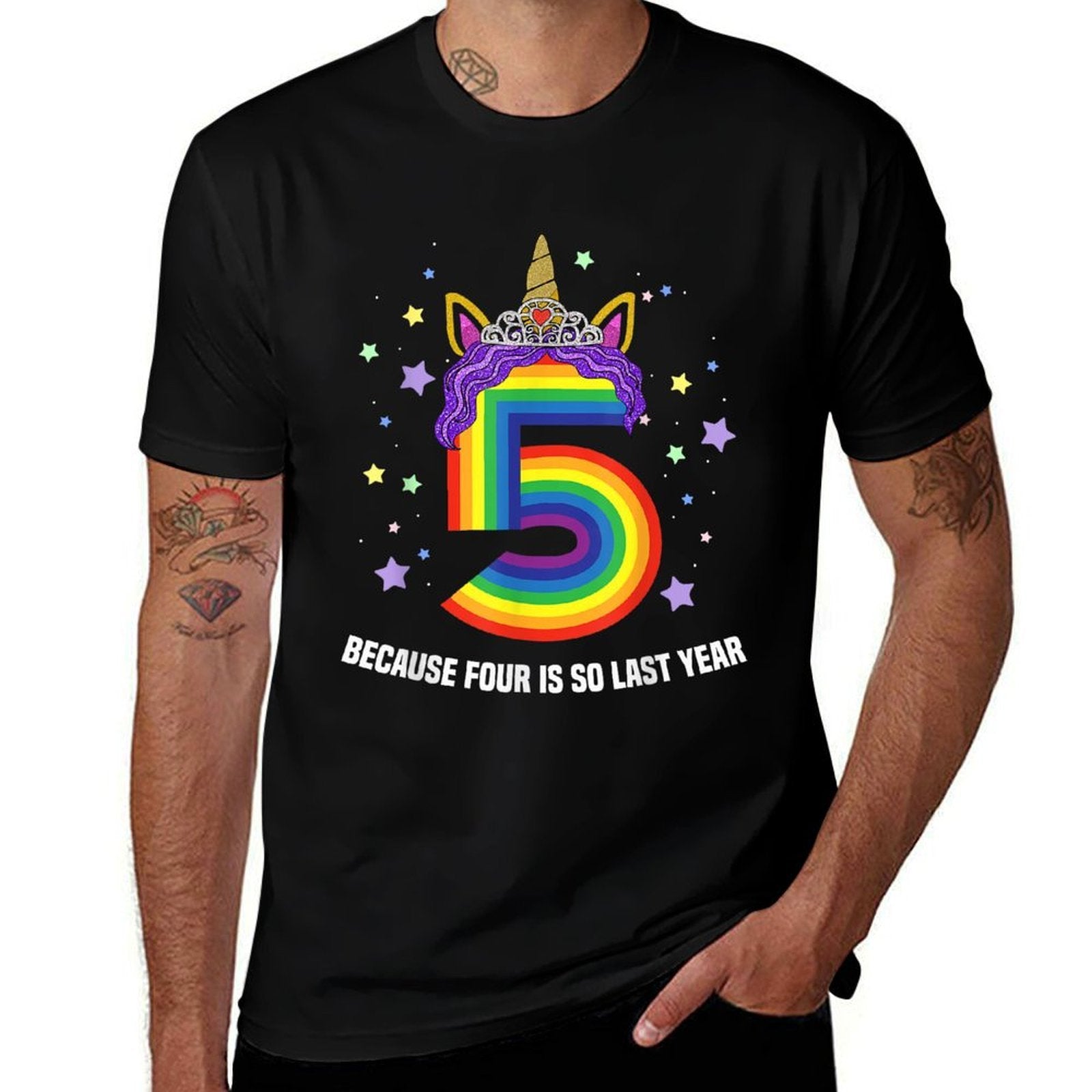 5 Years Old Birthday Girl Unicorn Rainbow 5th Birthday Gift  Ribbed Collar T-Shirt