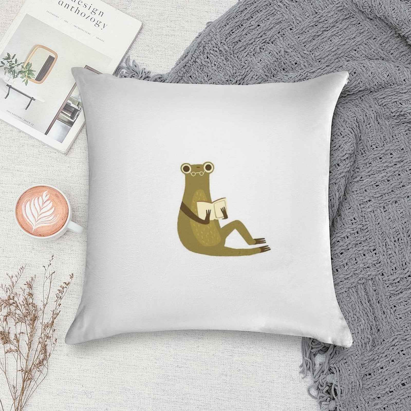 Cute Frog with Glasses Reading A Book Soft Multiple Sizes Throw Pillow
