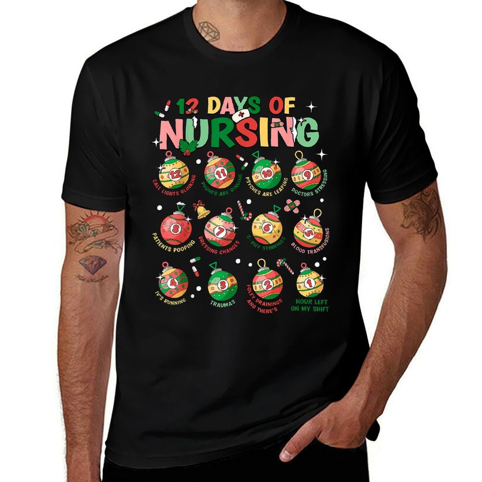 12 Days Of Nursing Christmas Nurse Peds RN NICU Er Med Surg  Wrinkle-resistant T-Shirt