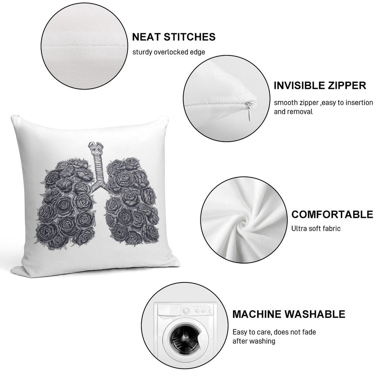 Lungs with Peonies Soft Skin-Friendly Throw Pillow