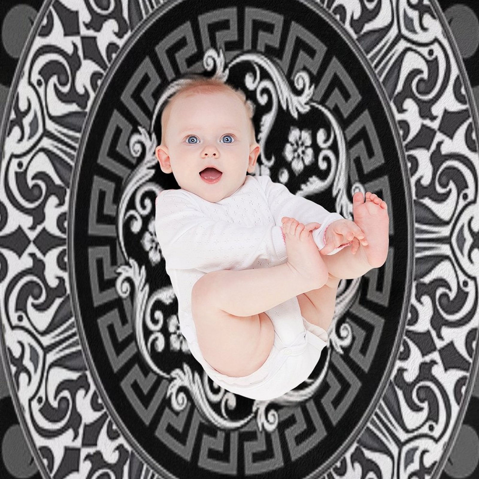 Ornate Baroque Black Grey White Greek Key Plush Throw Blanket