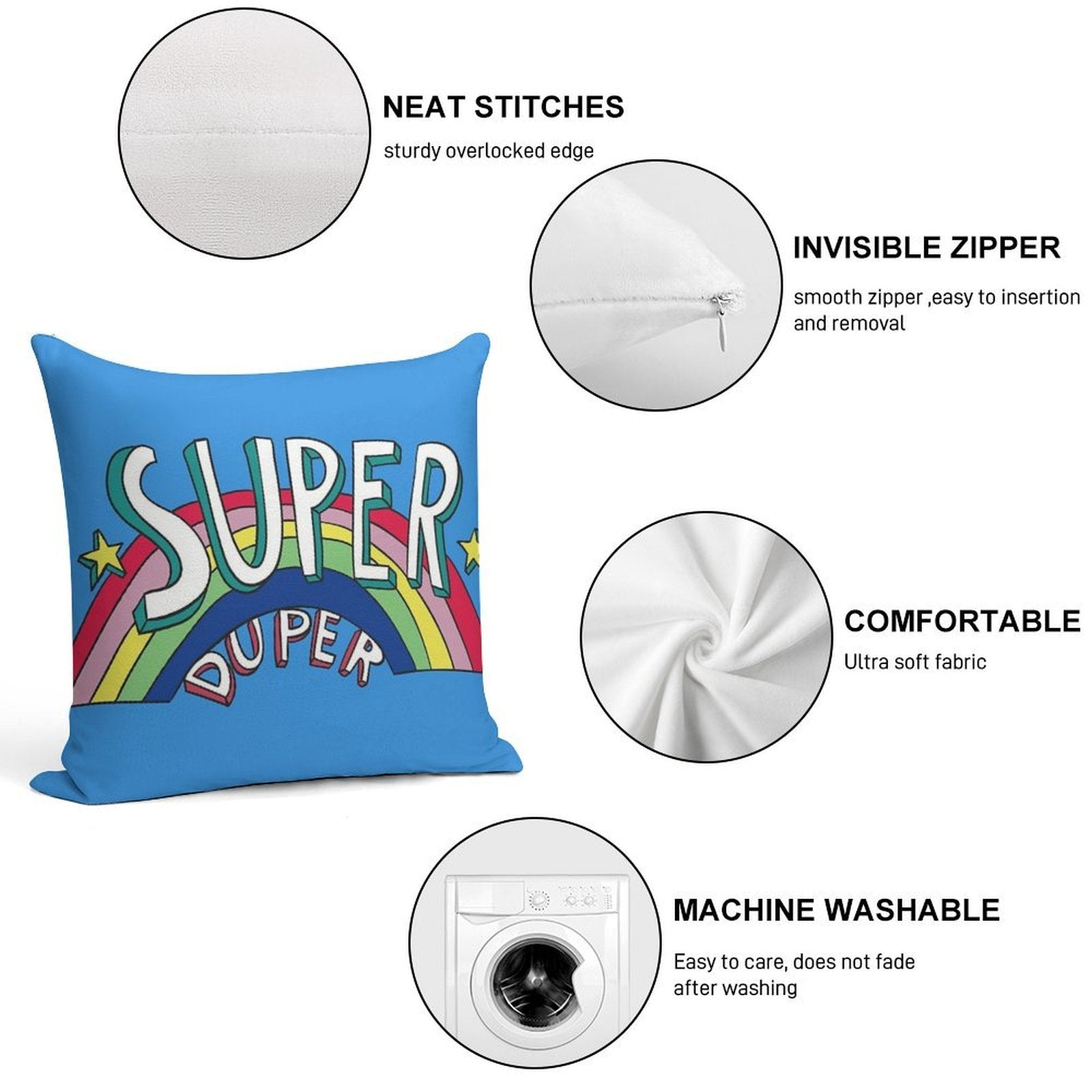 Super Duper Hand Drawn Seventies Style Rainbow Graphic Soft Short Plush Fabric Throw Pillow