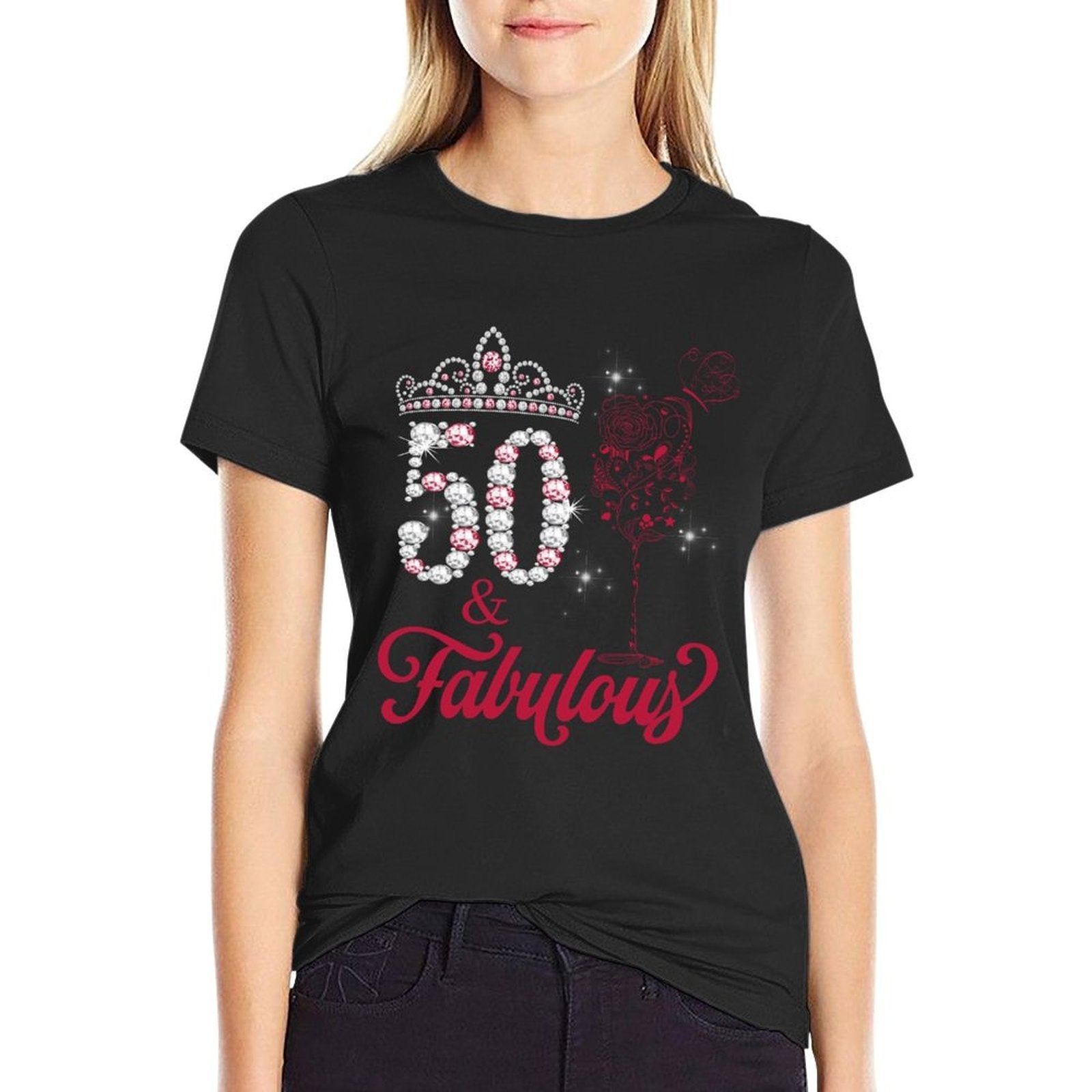 50 And Fabulous Queen Happy Birthday 50th Pink Rose Red Wine  Trendy Pattern T-Shirt