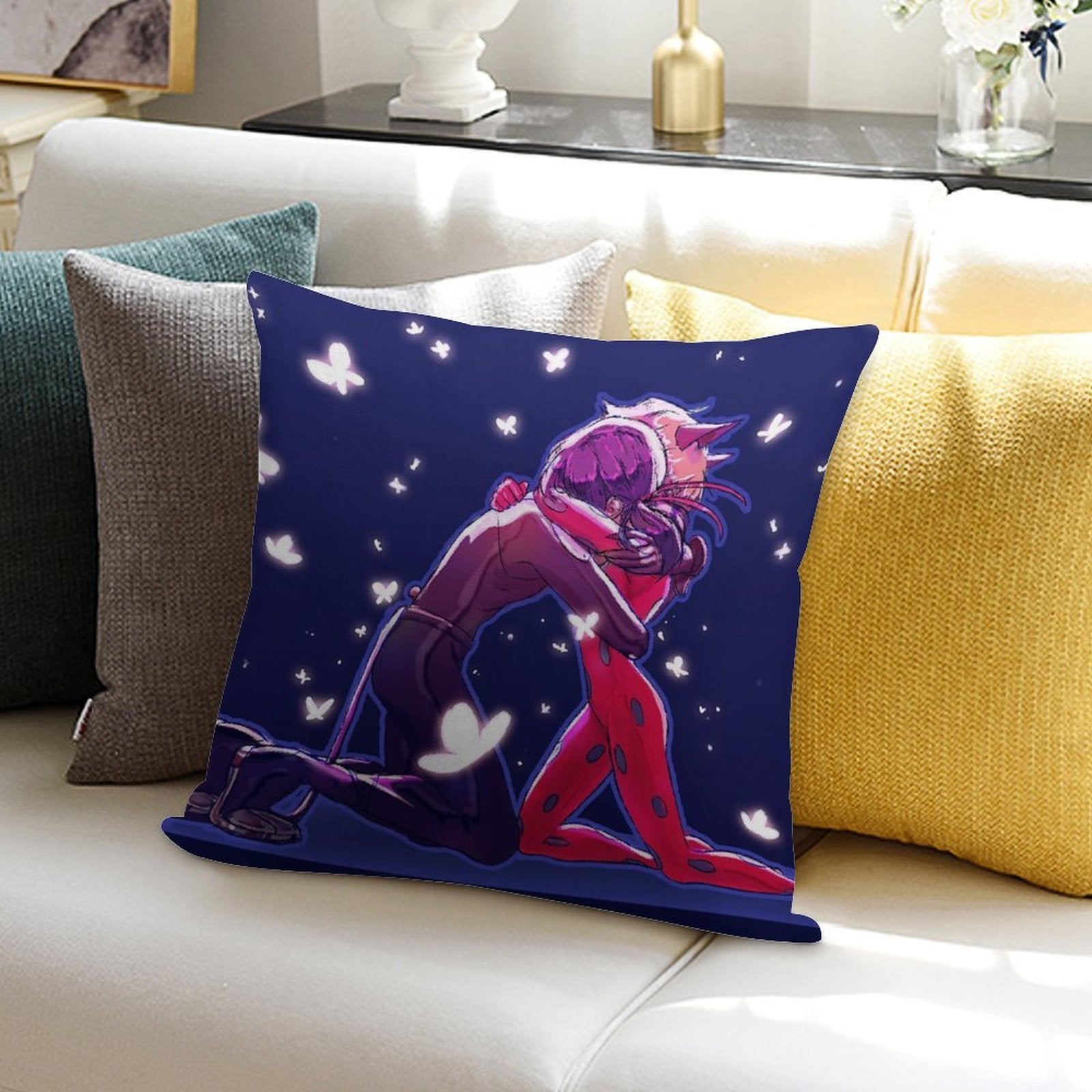 Catboy And Girl Hugging in The Butterflies Soft Style Accent Throw Pillow