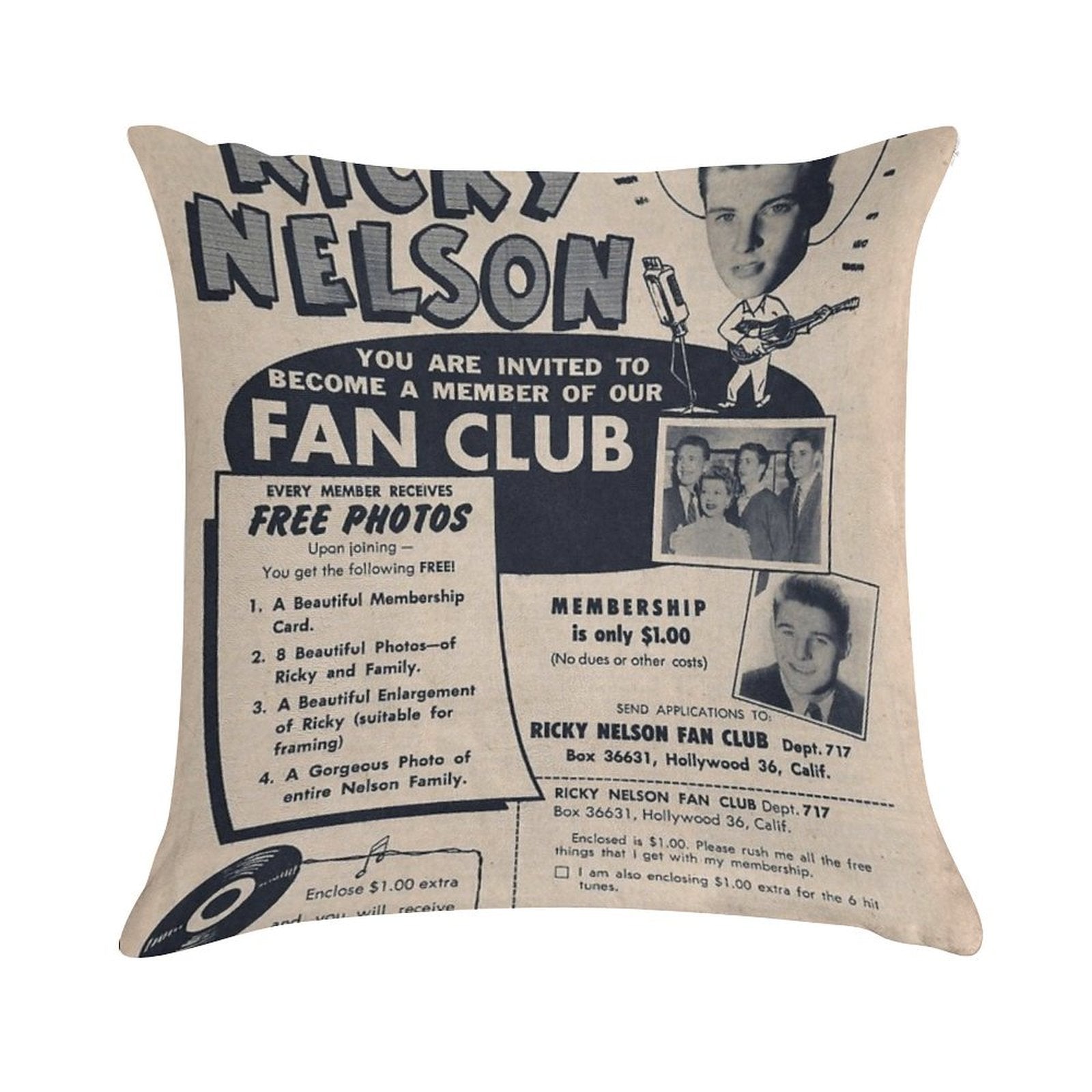 Ricky Nelson Fan Club Soft High-Density Material Throw Pillow