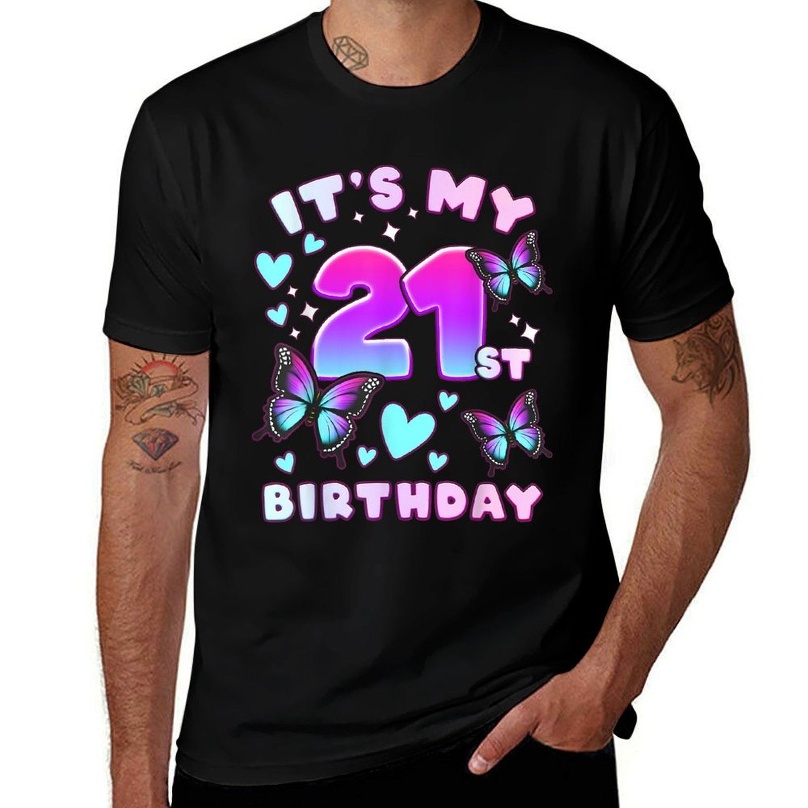 21st Birthday, Girl 21 Years, Butterflies And Number 21  Quick-drying T-Shirt
