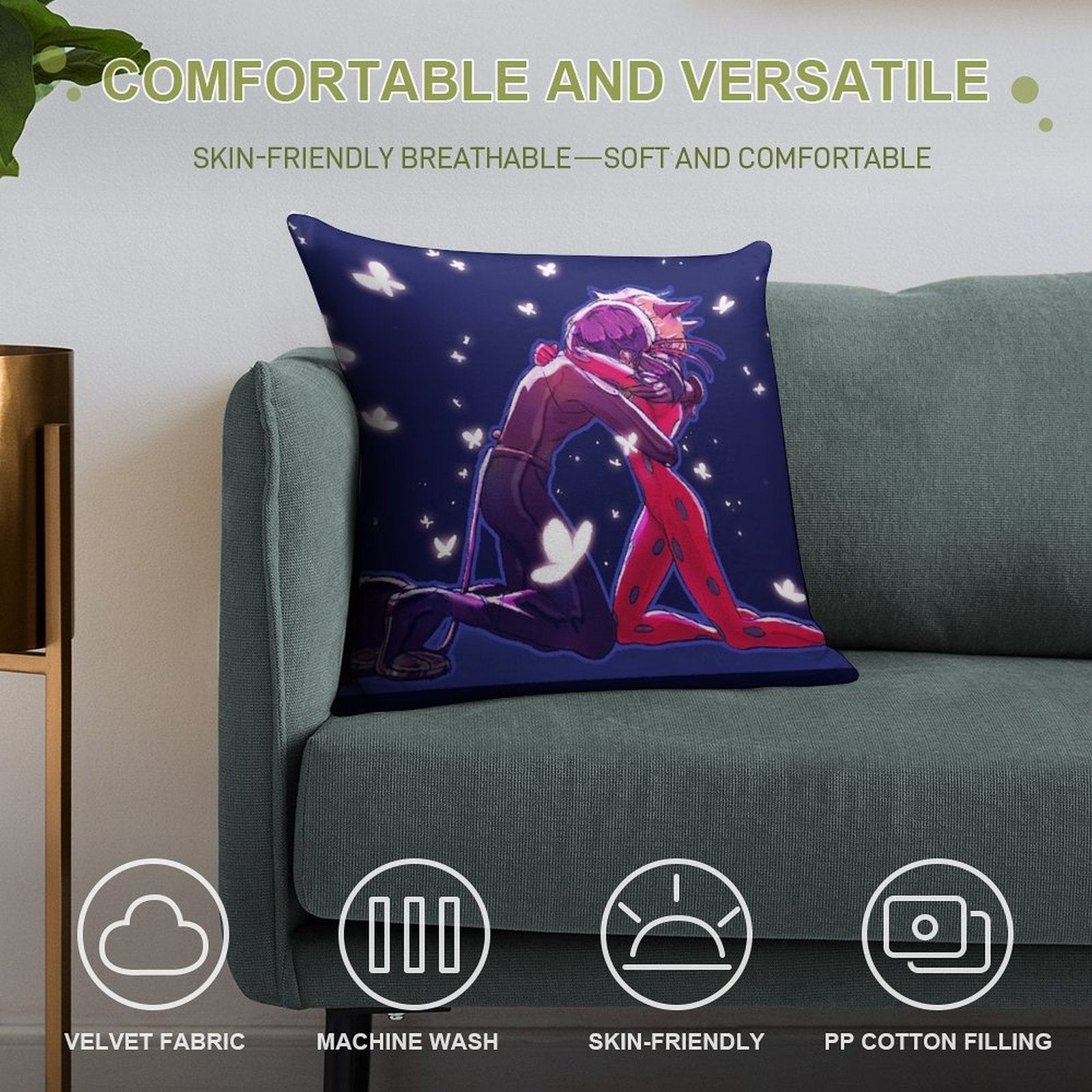 Catboy And Girl Hugging in The Butterflies Soft Style Accent Throw Pillow