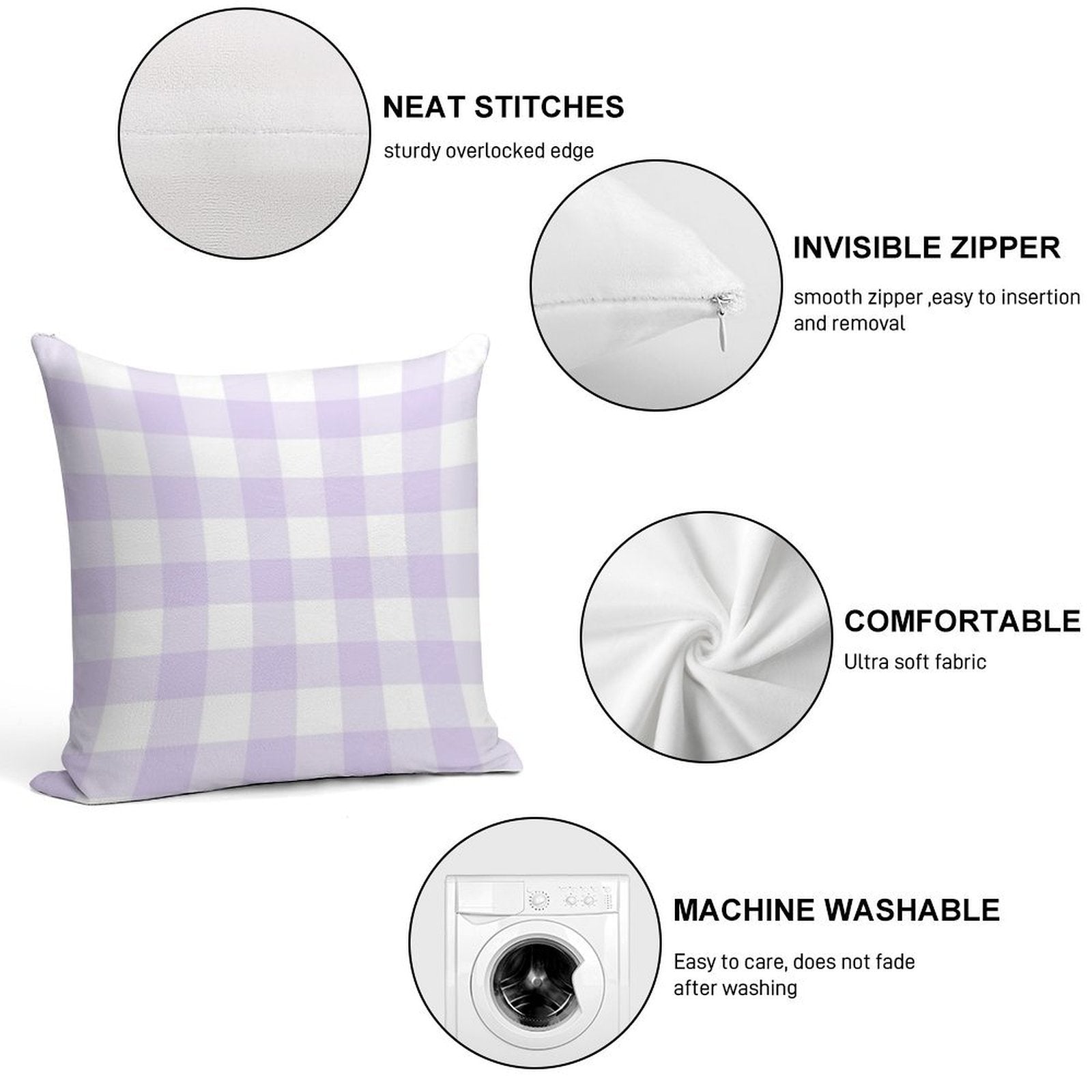 Pastel Purple Gingham Pattern (Large Wide Print) Soft Shrink-Resistant Throw Pillow