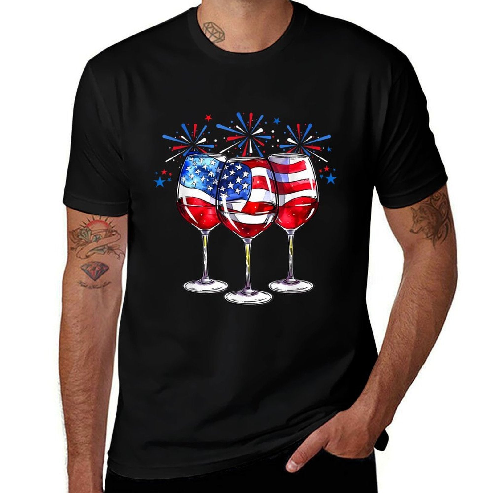 4th Of July Wine Glasses Patriotic Red White Blue USA  Cotton T-Shirt
