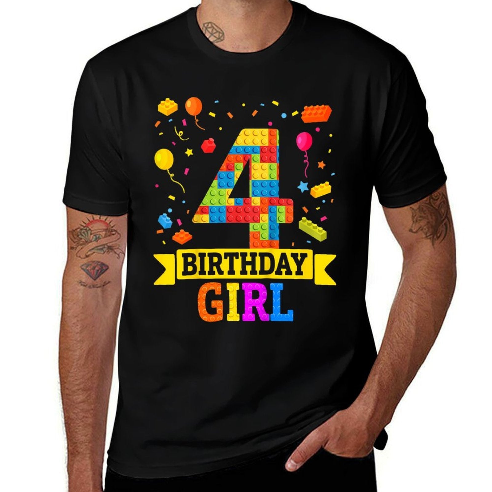 4 Year Old Building Blocks 4th Birthday Girl Block Building  Lightweight T-Shirt