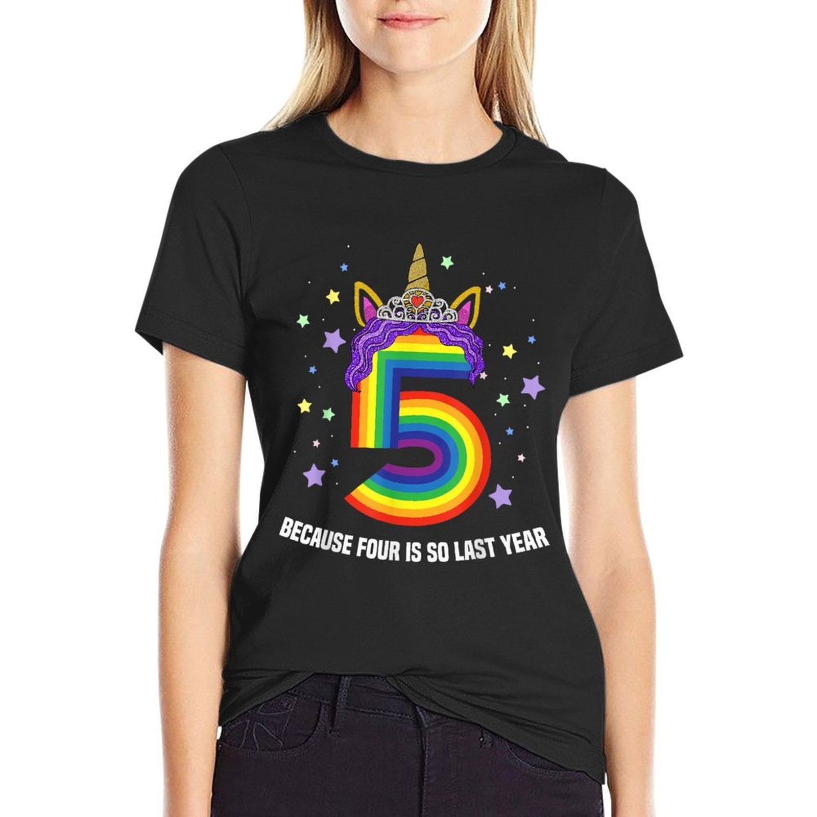 5 Years Old Birthday Girl Unicorn Rainbow 5th Birthday Gift  Ribbed Collar T-Shirt