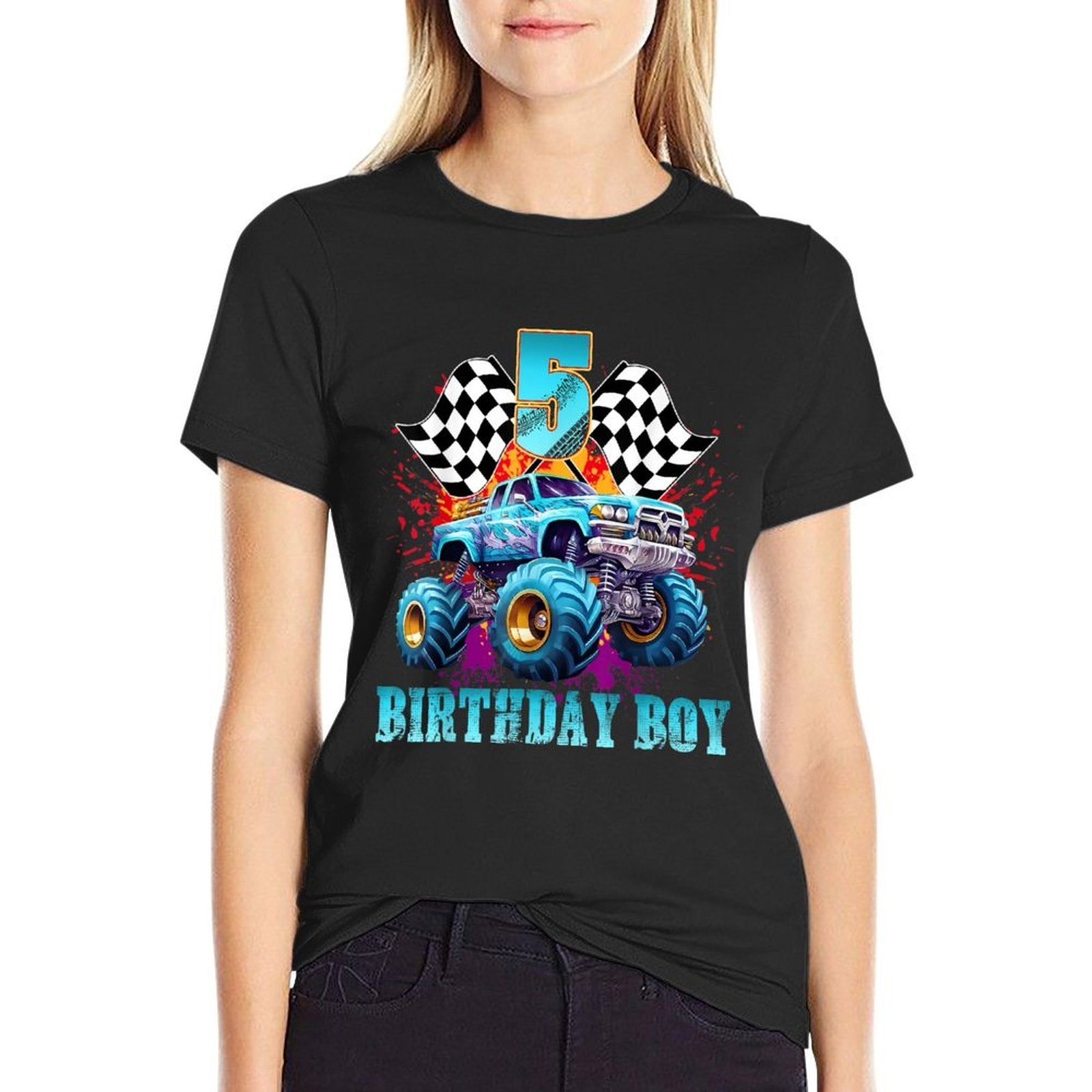 5 Year Old 5th Birthday Boys Monster Truck Car  Moisture-wicking T-Shirt