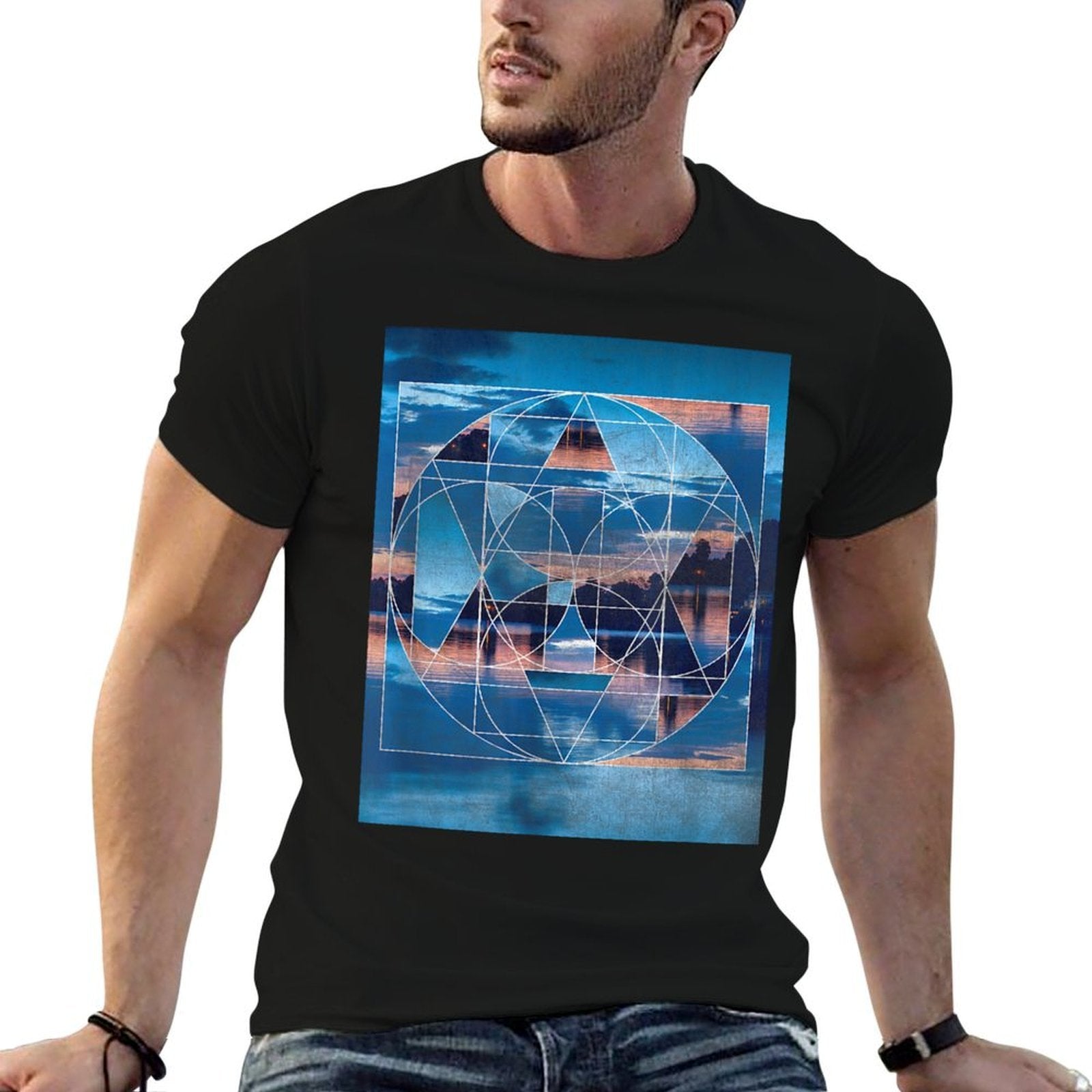 Geometric Blue Lake Abstract Sacred Geometry Landscape  Vintage-inspired T-Shirt
