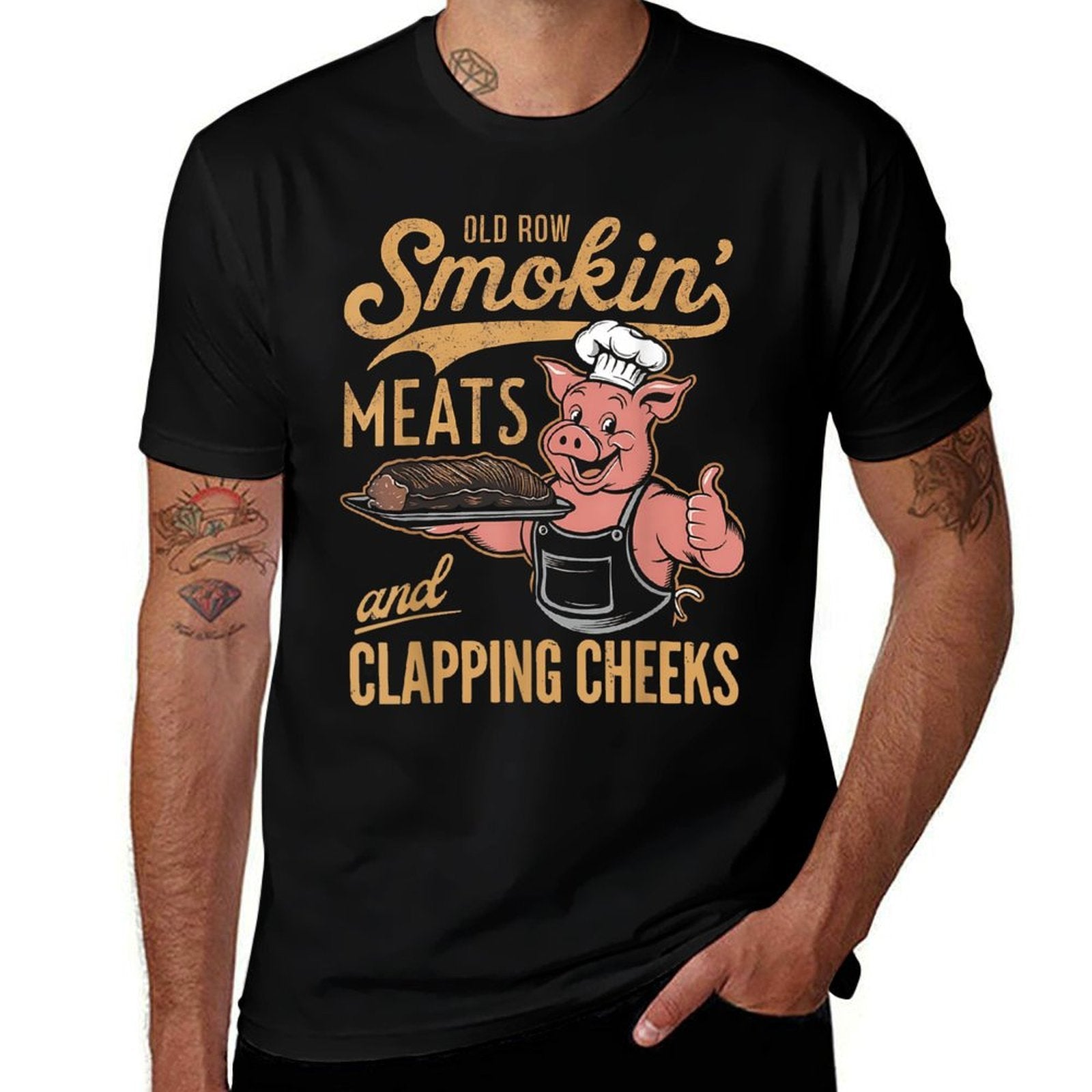 Old Row Smokin Meats And Clapping Cheeks Funny  Easy-care T-Shirt