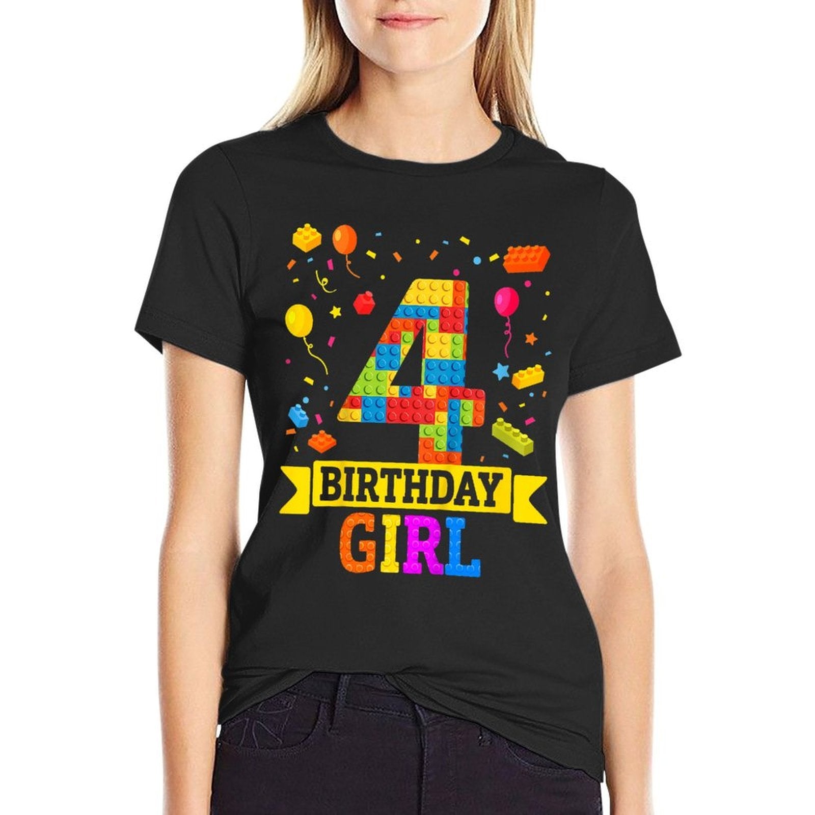 4 Year Old Building Blocks 4th Birthday Girl Block Building  Lightweight T-Shirt