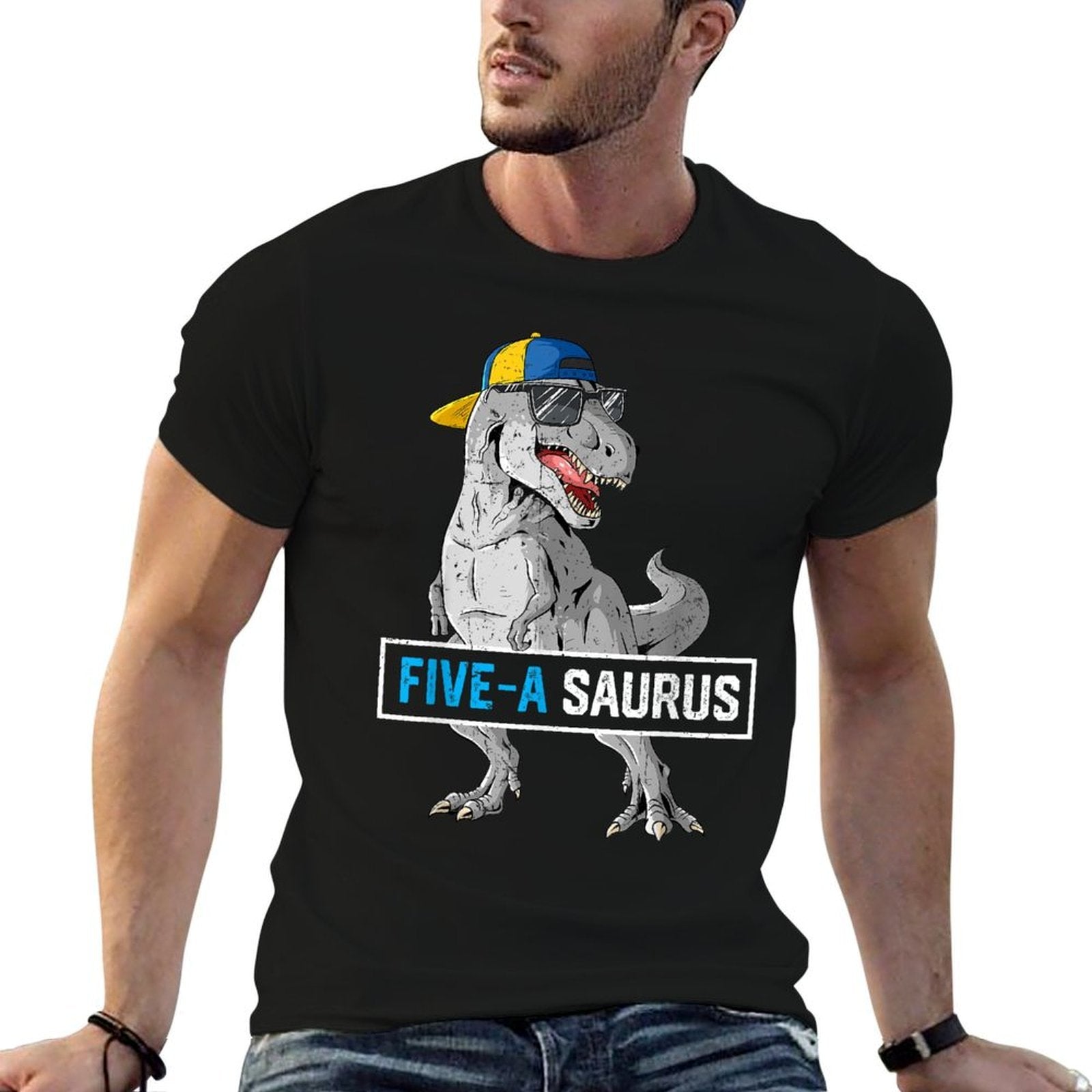 5 Years Old Dinosaur 5th Birthday T Rex Dino Five Saurus  Ribbed Collar T-Shirt