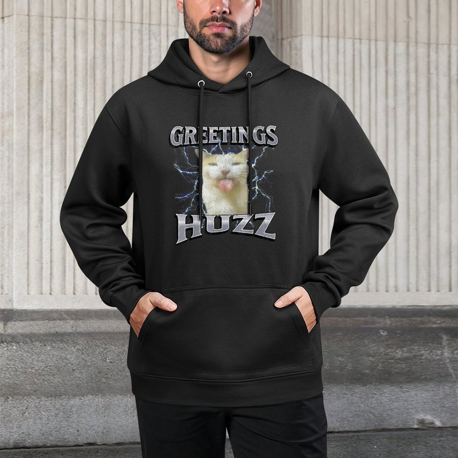 Greetings Huzz Funny Cat Meme Bootleg Graphic Men Women Versatile Streetwear Hoodie