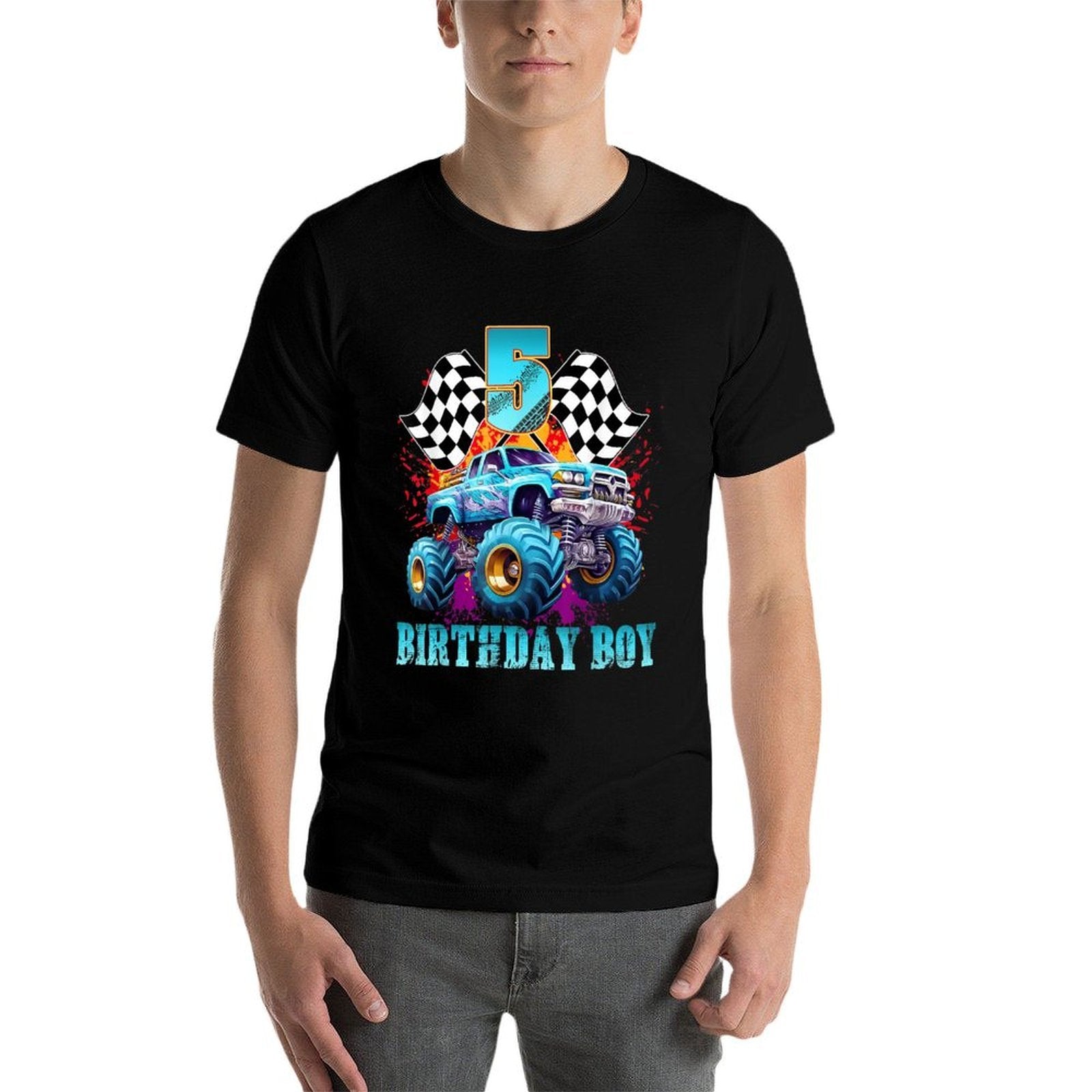 5 Year Old 5th Birthday Boys Monster Truck Car  Moisture-wicking T-Shirt