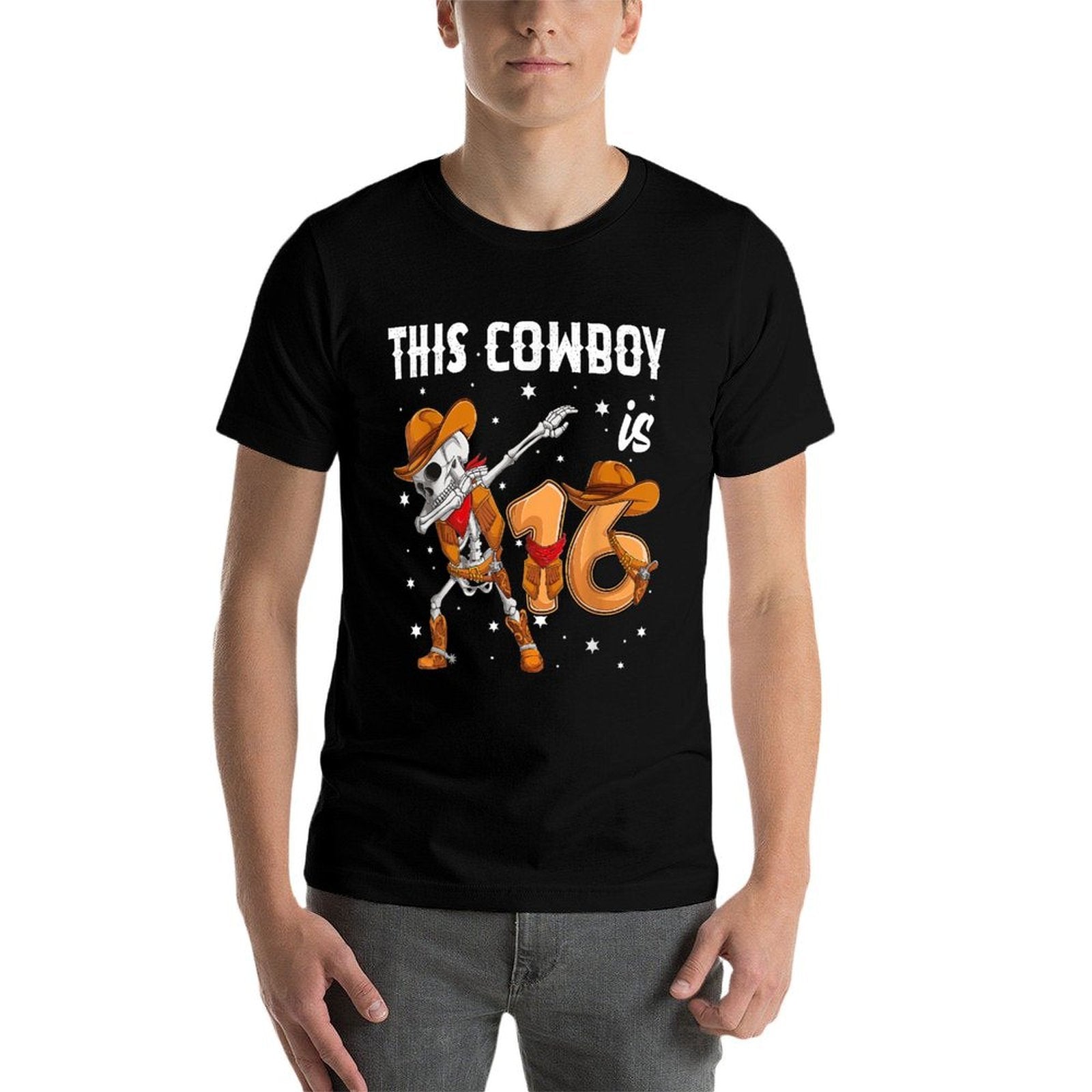 16 Year Old Cowboy Western Dabbing Skeleton 16th Birthday  Heathered Texture T-Shirt