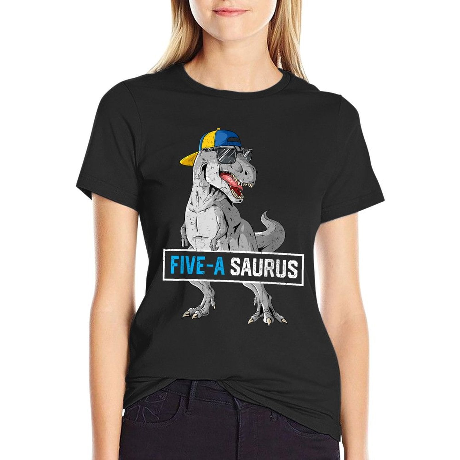 5 Years Old Dinosaur 5th Birthday T Rex Dino Five Saurus  Ribbed Collar T-Shirt