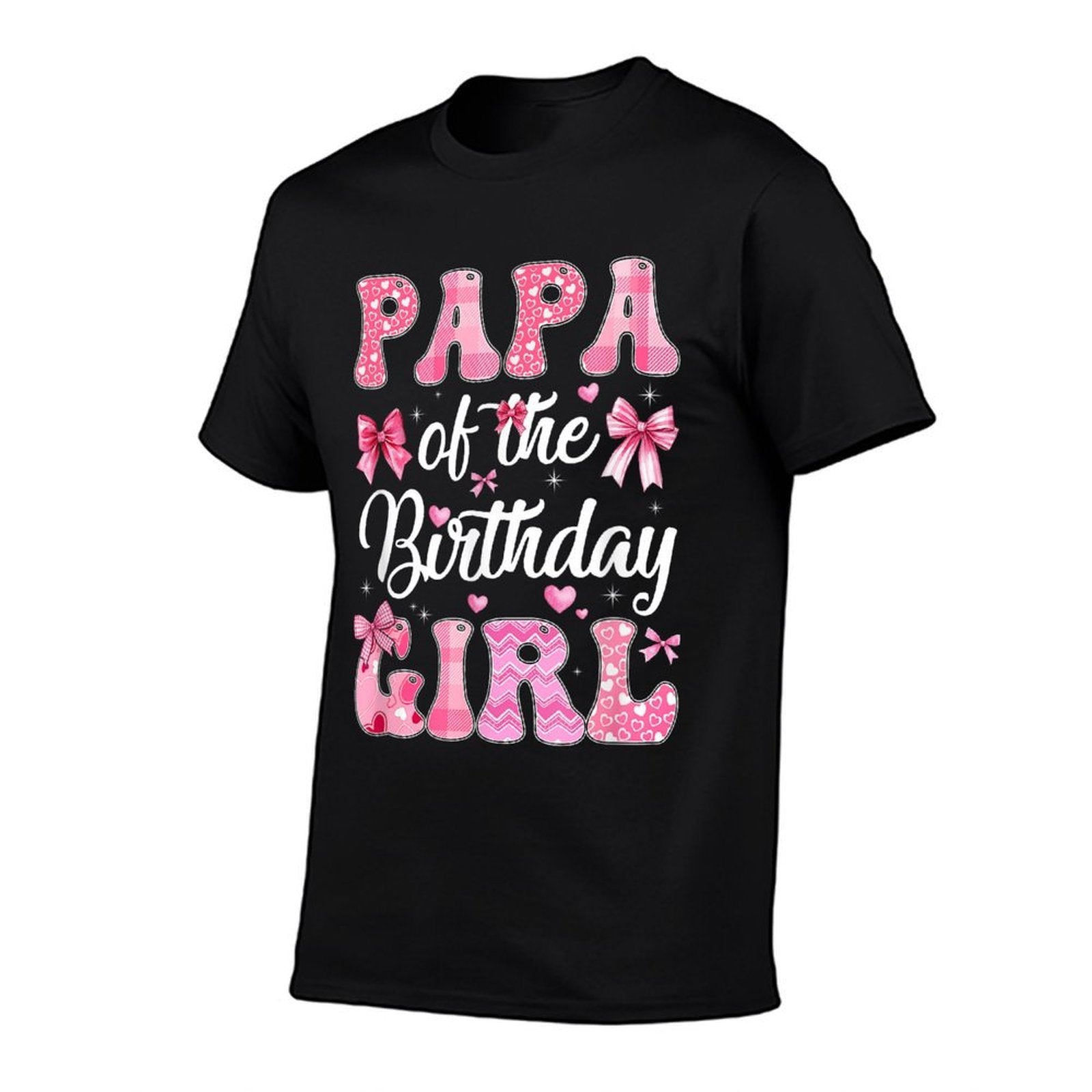 Papa Of The Birthday Girl Family Pink Coquette Bow  Ribbed Collar T-Shirt