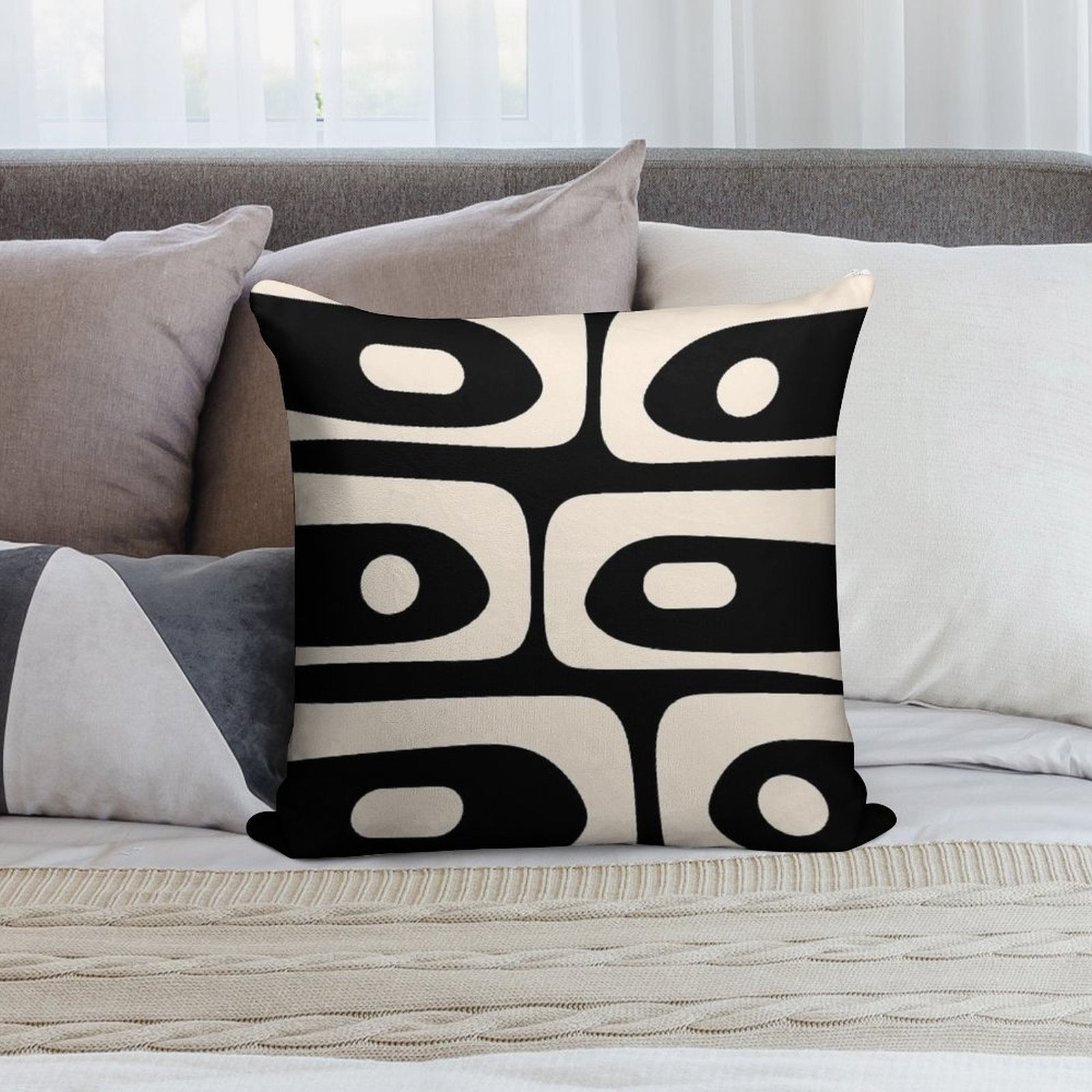 Mid Century Modern Piquet Abstract Pattern Black And Almond Cream Soft Gift Ready Throw Pillow