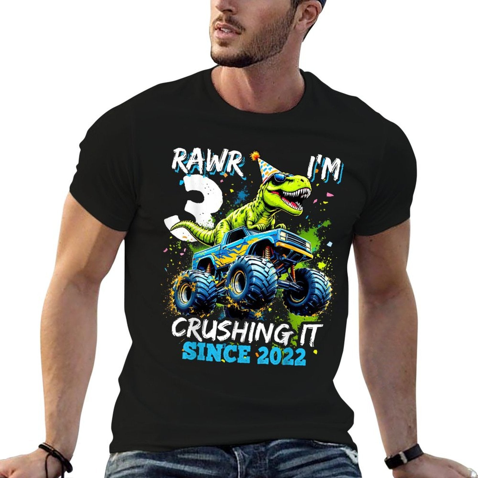 3rd Birthday Monster Truck Dinosaur Party Boys Rawr I'm 3  High-quality Stitching T-Shirt