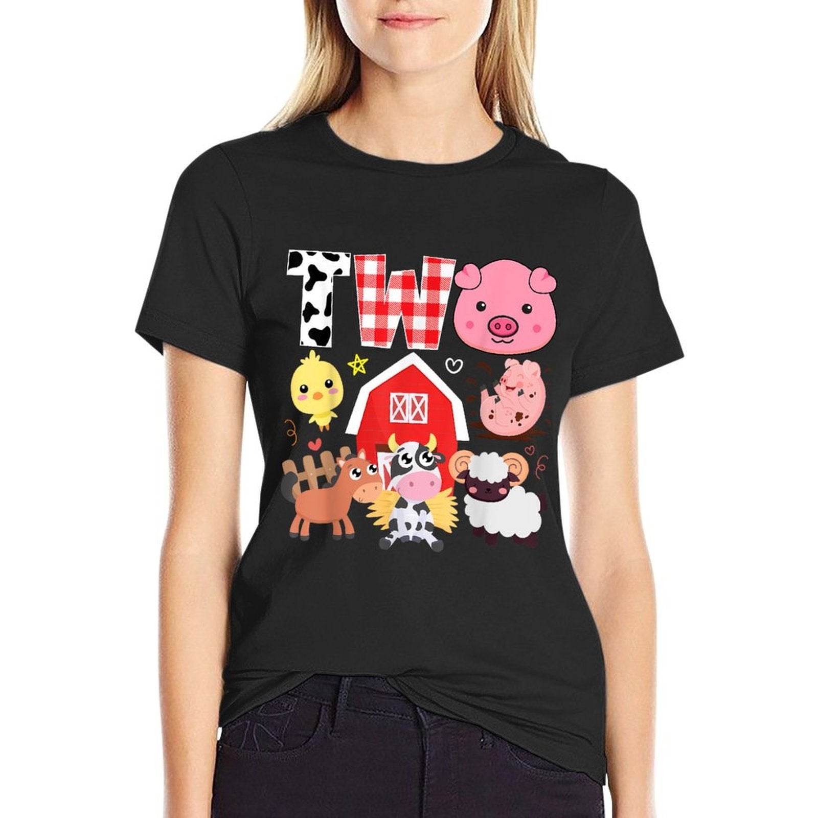 2nd Birthday Two Year Old Farm Theme Animals Birthday Party  Ribbed Collar T-Shirt