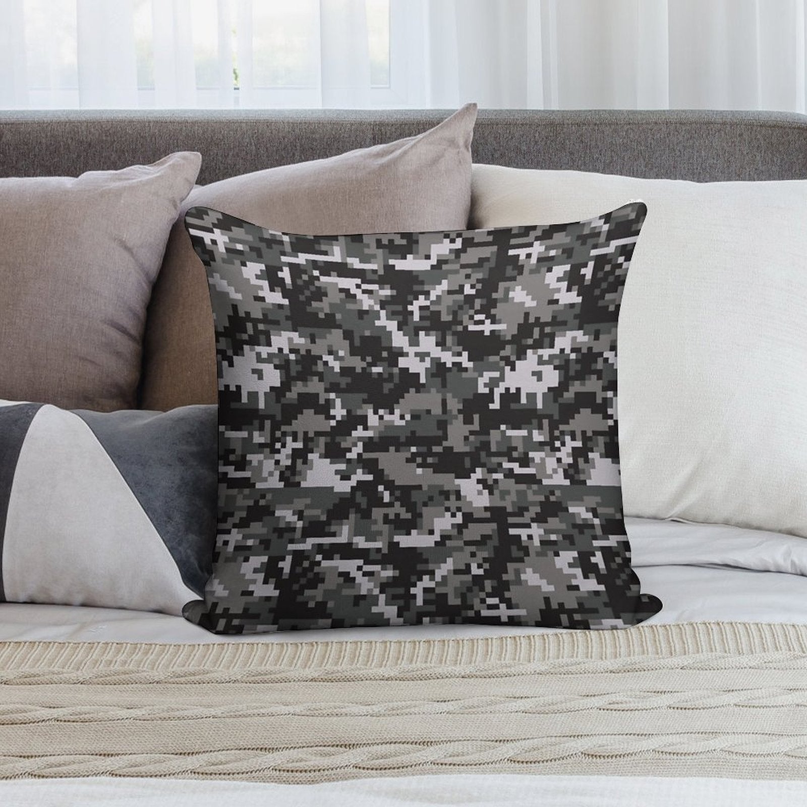 Black And Gray Digital Military Camouflage Soft Easy Maintenance Throw Pillow