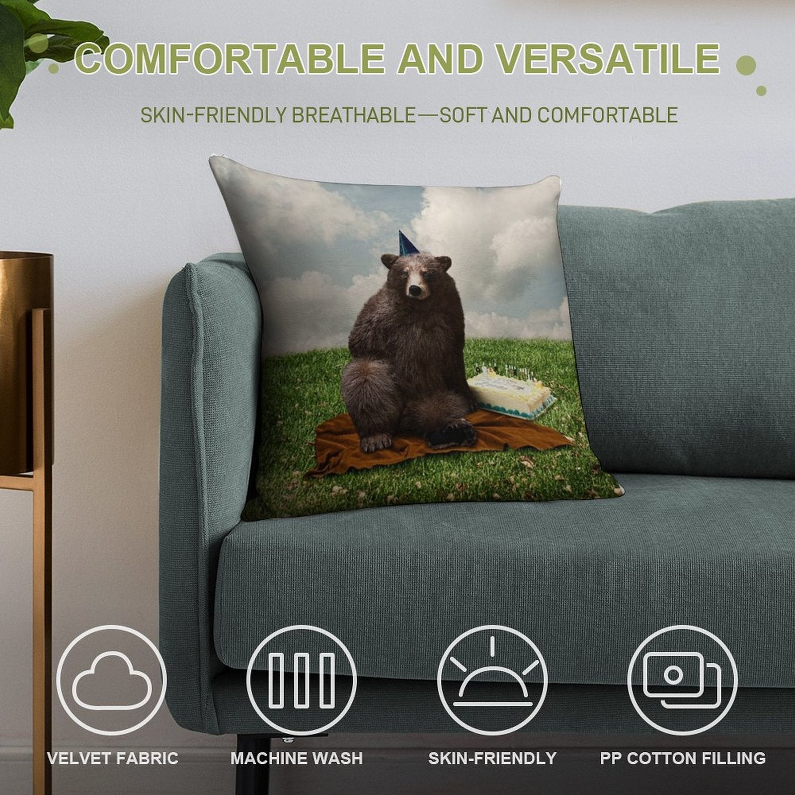 Birthday Bear Soft Skin-Friendly Throw Pillow