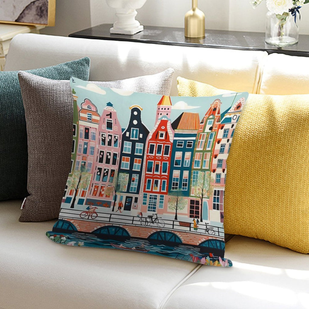 Amsterdam Canal Poster - Colorful Houses And Buildings Illustration Soft Gift Ready Throw Pillow