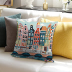 Amsterdam Canal Poster - Colorful Houses And Buildings Illustration Soft Gift Ready Throw Pillow