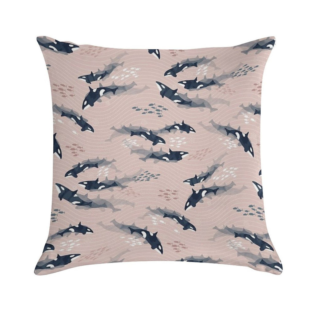 Orca in Motion  Blush Ocean Pattern Soft Hidden Zipper Throw Pillow