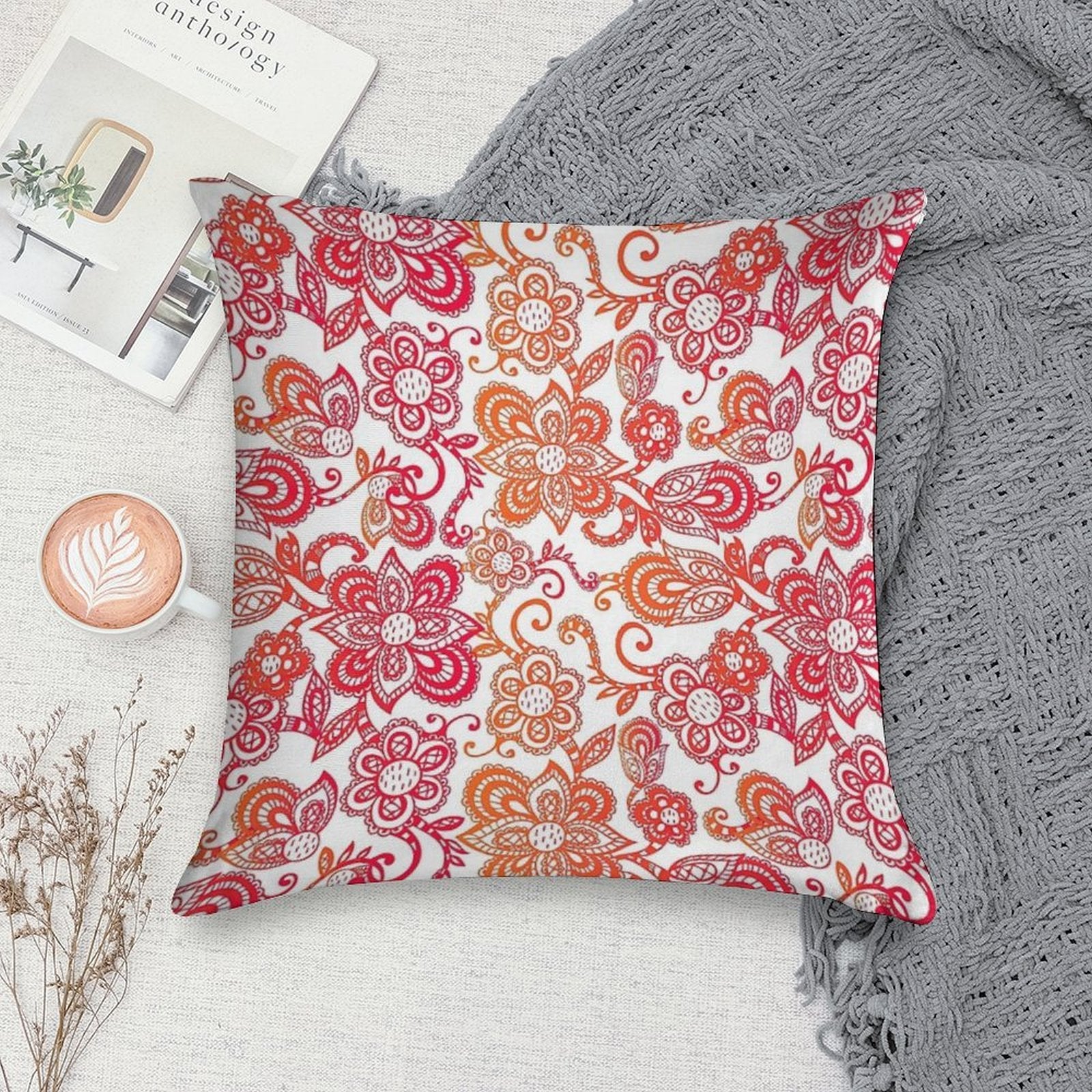 Orange And Red Paisley Pattern, Orange Paisley Floral Seamless Pattern, Orange Paisley Soft Fade-Resistant Throw Pillow