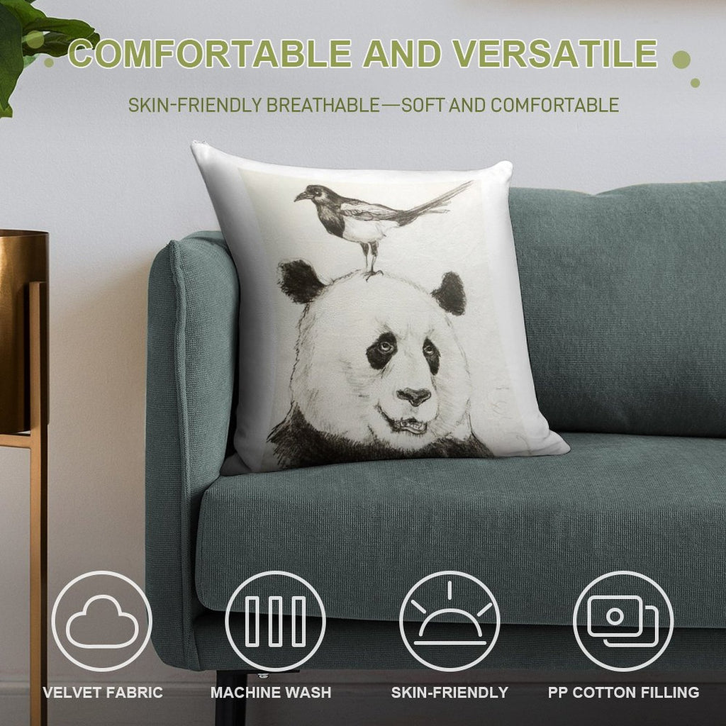 Panda And The Magpie Soft Shrink-Resistant Throw Pillow