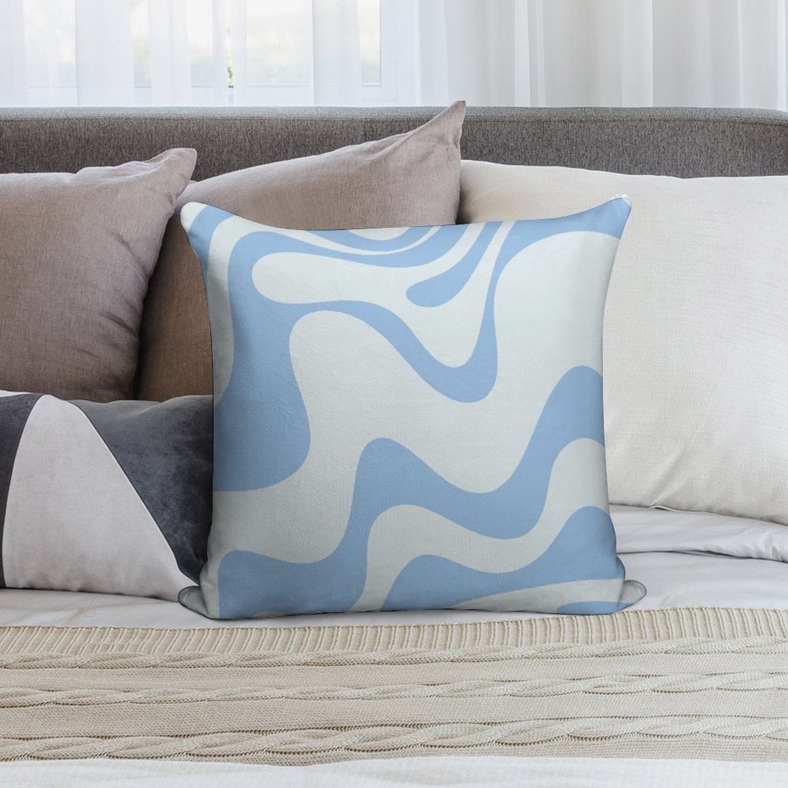Retro Liquid Swirl Abstract Pattern 3 in Powder Blue Soft Gift Ready Throw Pillow