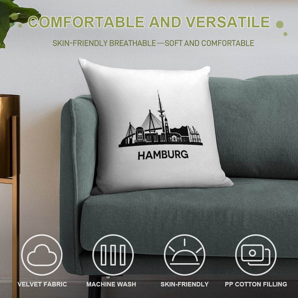 Detailed Hamburg Skyline Silhouette Black Soft Shrink-Resistant Throw Pillow