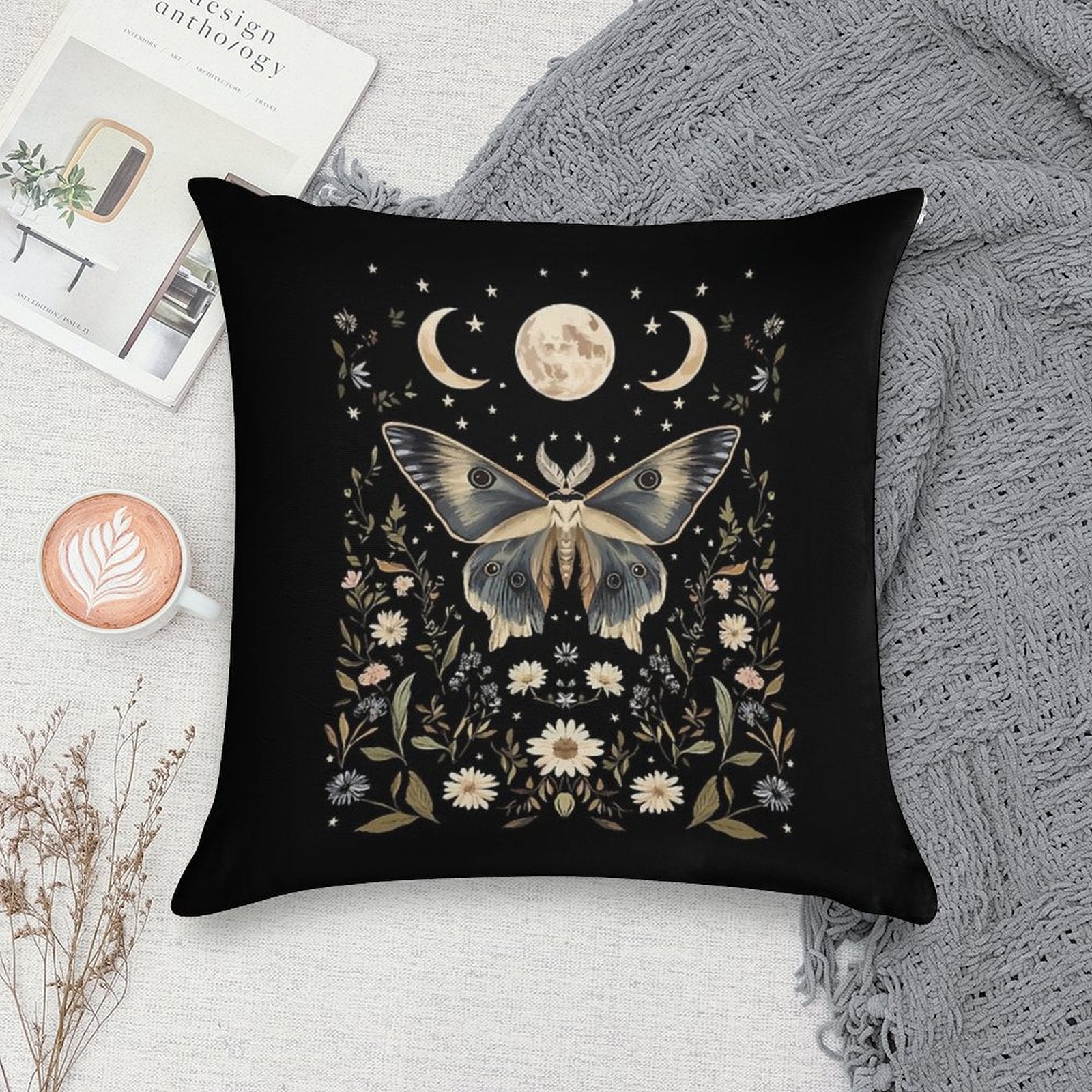 Witchy Cottagecore Botanical Moth Soft Ultra-Soft Texture Throw Pillow